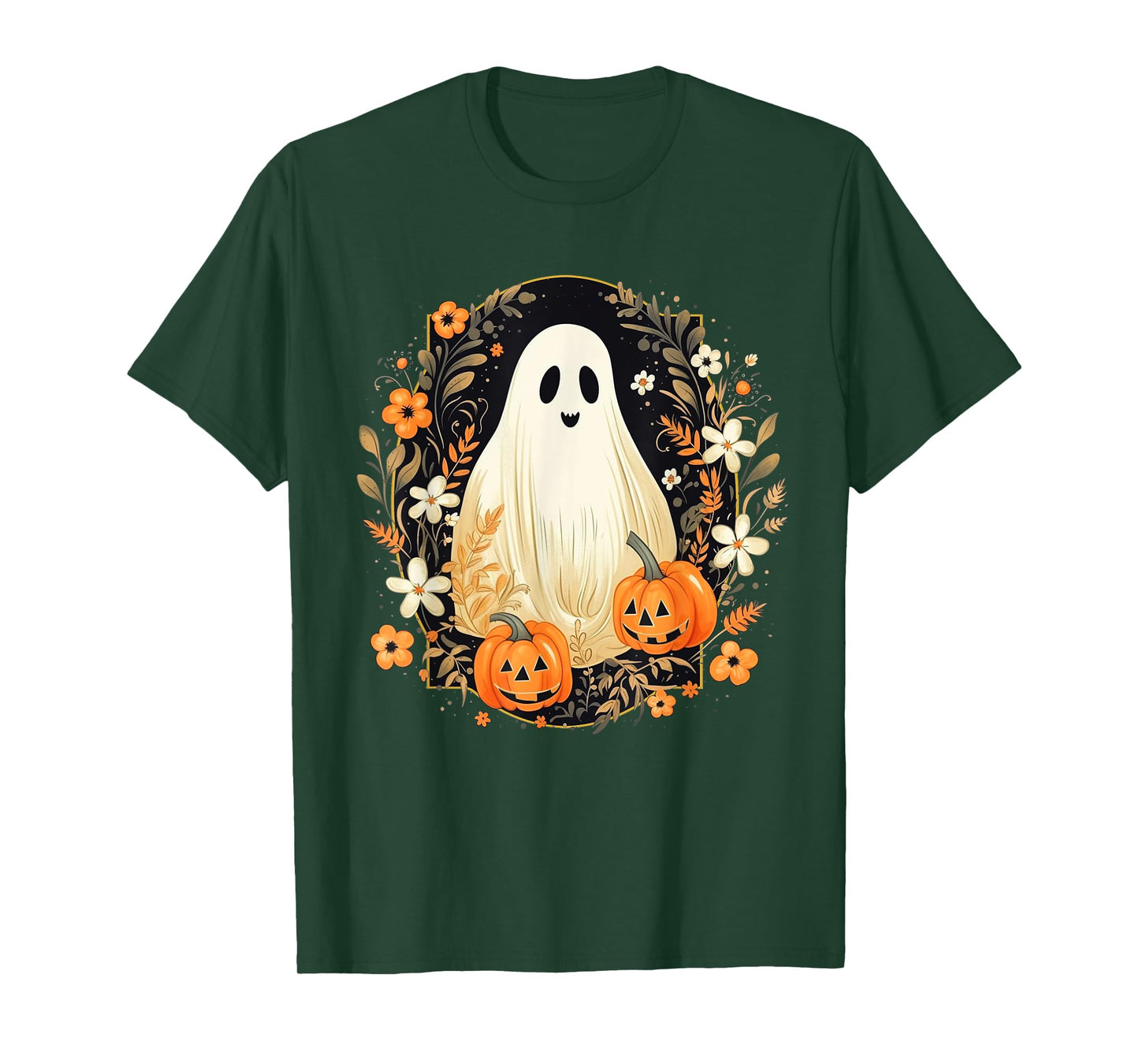 Vintage Floral Ghost Halloween Ghost Pumpkin Jack-o-Lantern T-Shirt