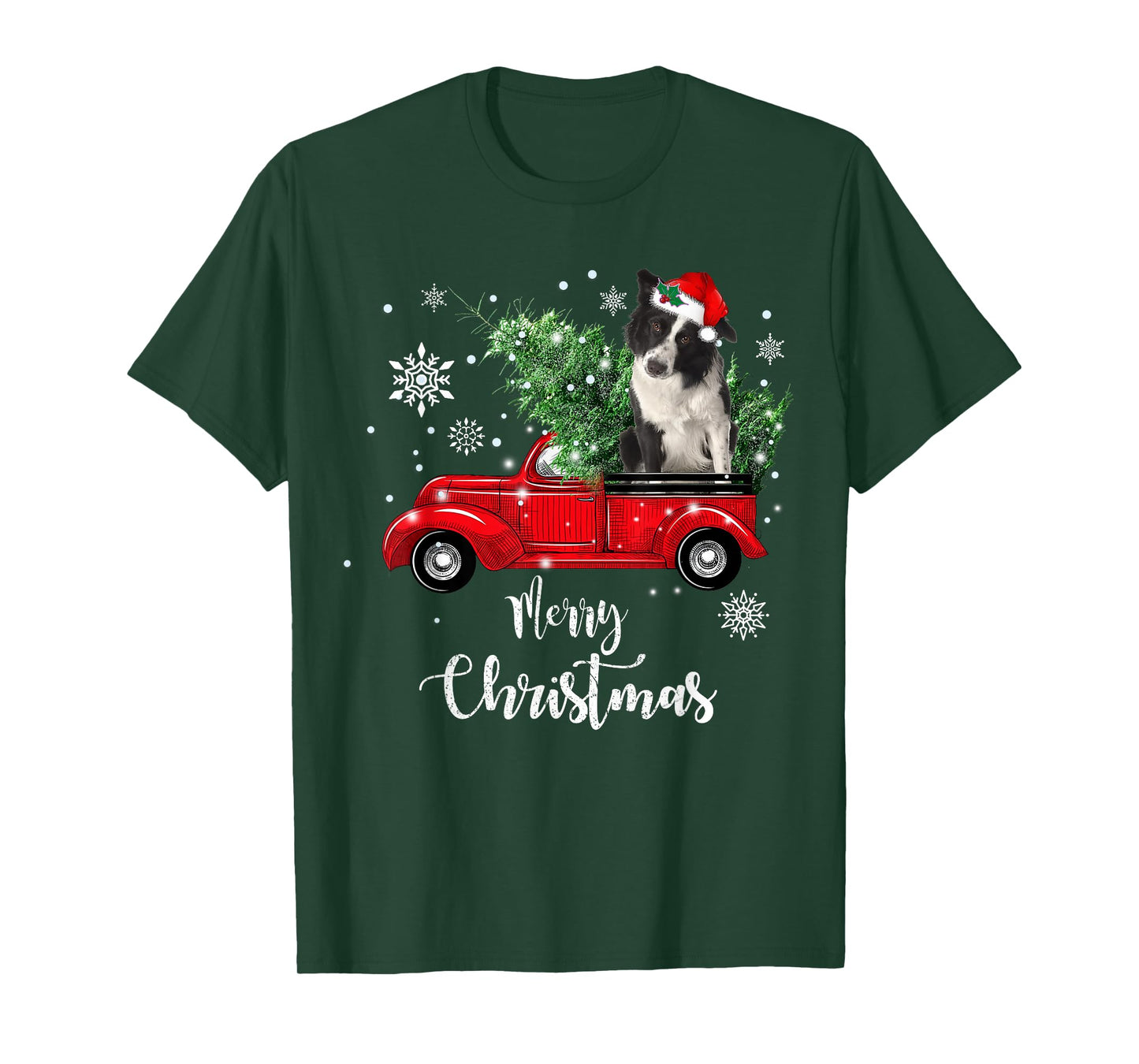 Red Truck Merry Christmas Tree Border Collie Dog Christmas T-Shirt