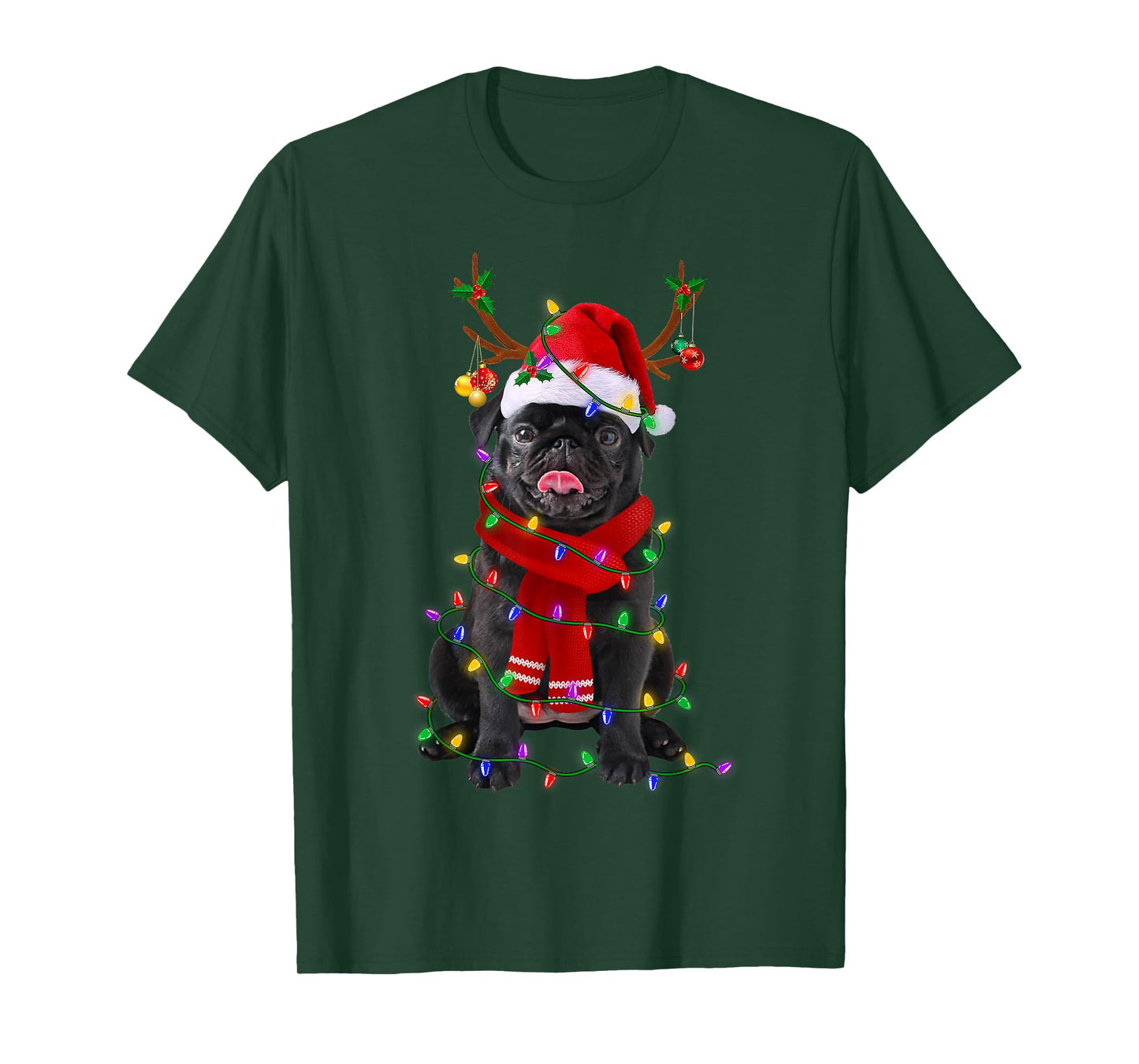 Black Pug Dog Tree Christmas Lights Xmas Pajama Men Women Kids T-Shirt