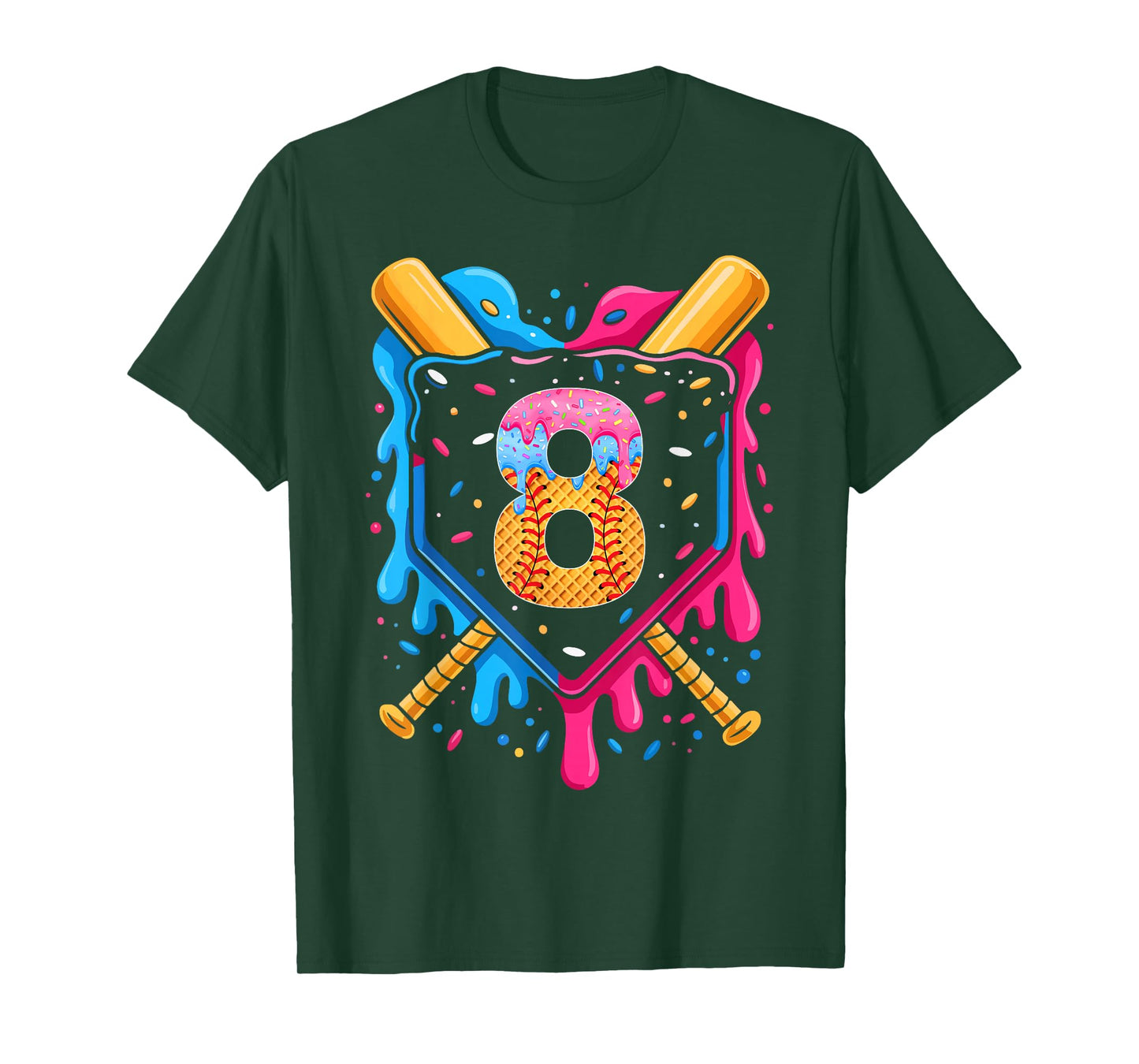 Baseball 8 Year Old 8th Birthday Ice Cream Baseball Drip T-Shirt
