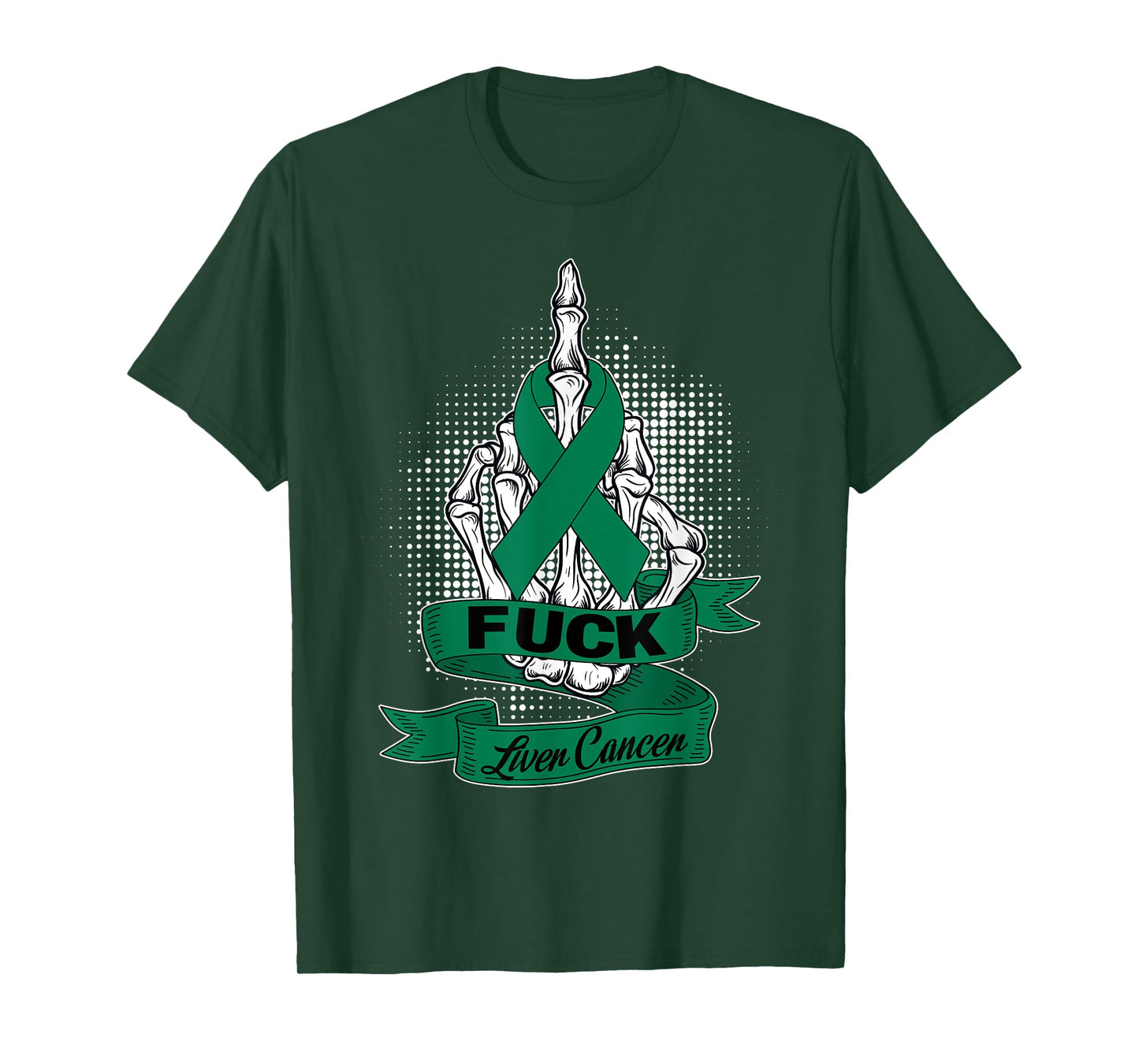 Fuck Cancer Liver Cancer Skeleton Green Ribbon Halloween T-Shirt