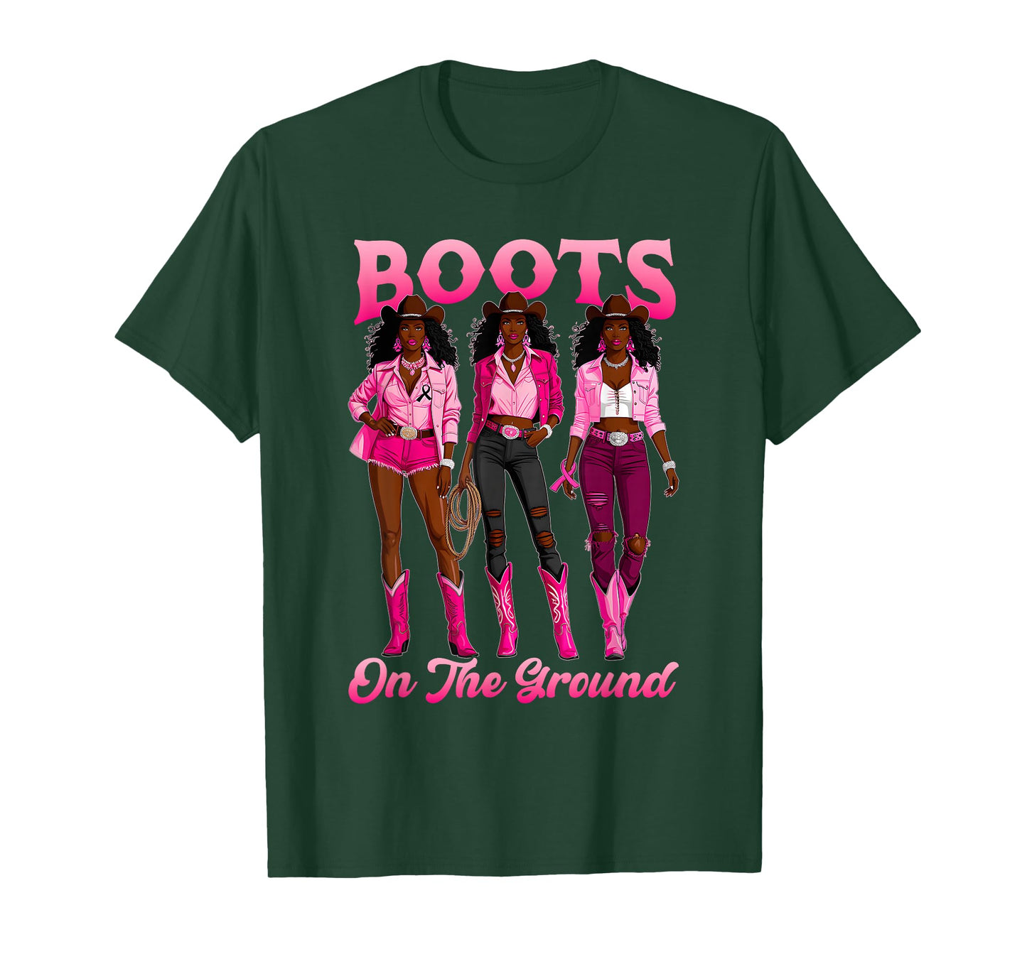 Boots On The Ground Pink Cowgirl Breast Cancer Western Women T-Shirt