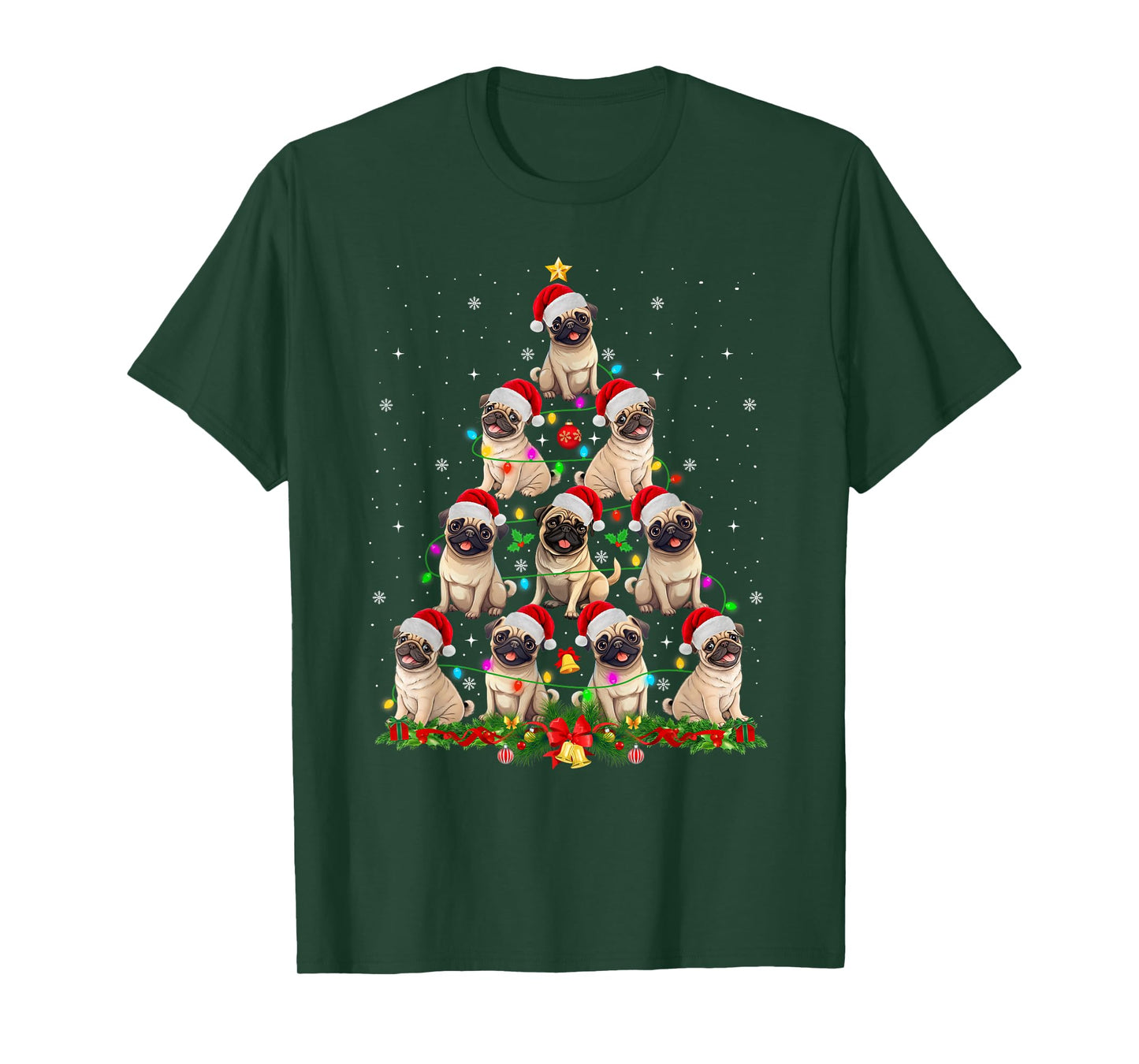 Pug Santa Hat Christmas Tree Lights Xmas Pugmas Dog Lover T-Shirt