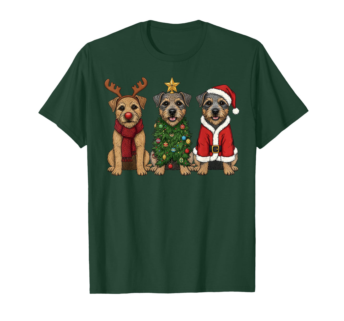 Retro Christmas Border Terrier Santa Reindeer Dog Lover T-Shirt