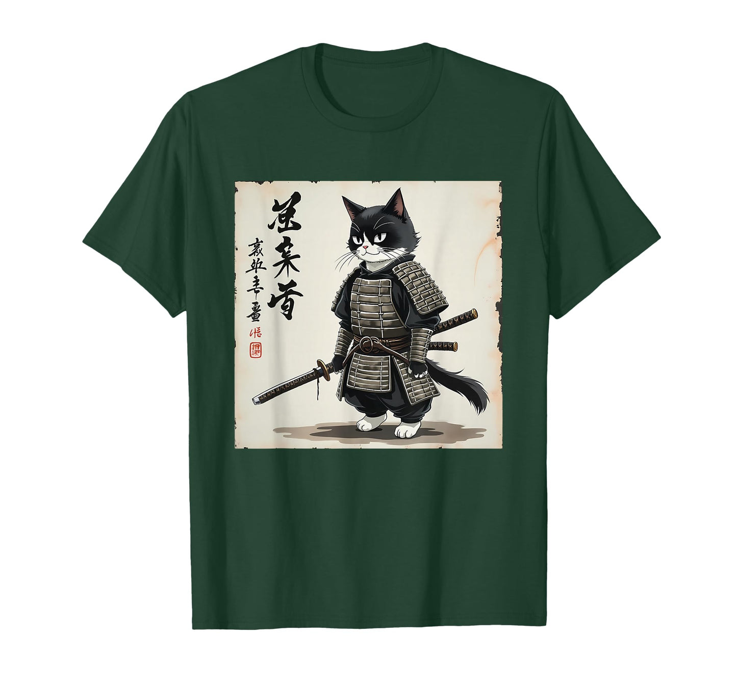 Samurai cat Graphic Warrior Art tee Japanese Anime Men Women T-Shirt