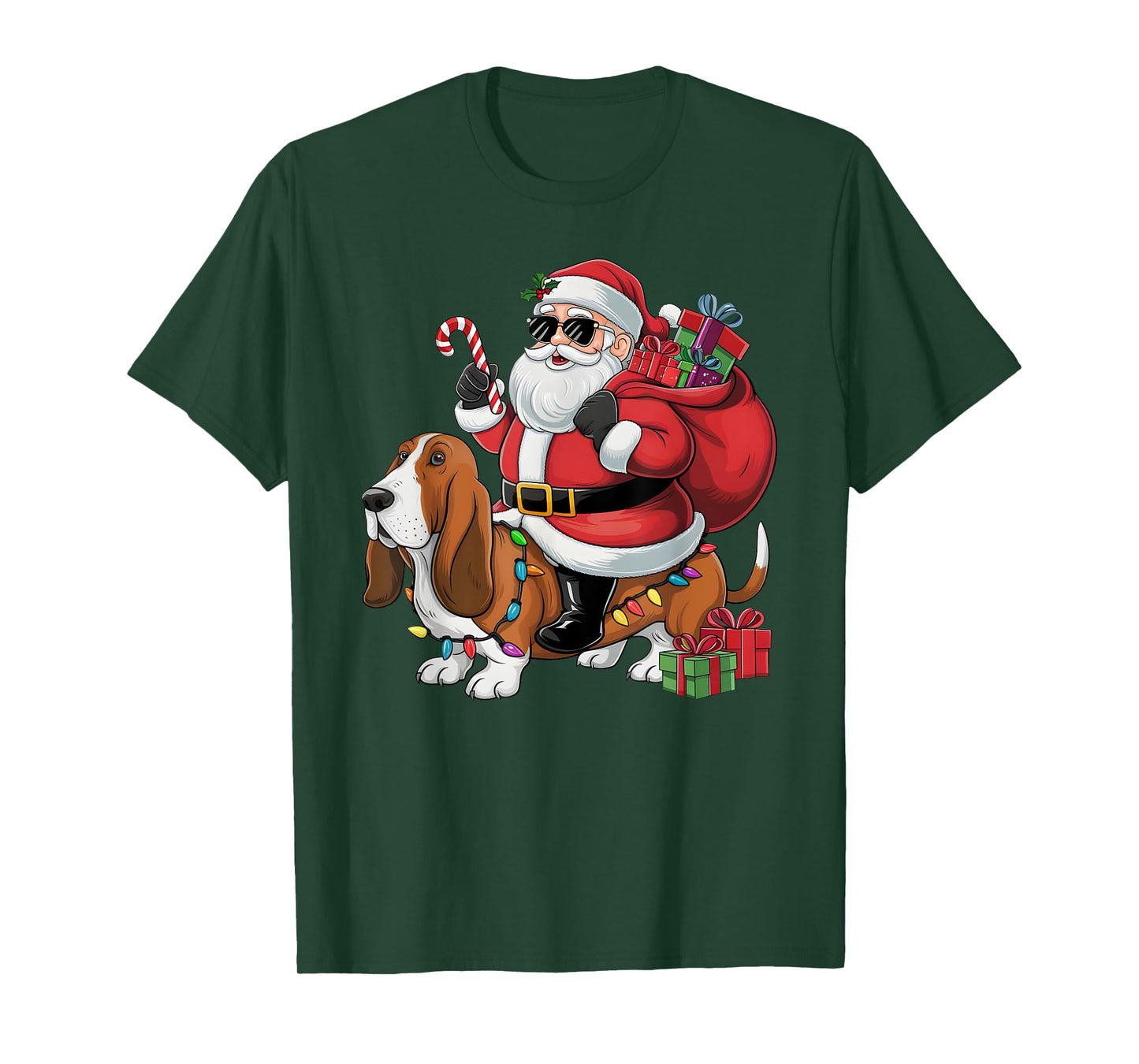 Xmas Lighting Funny Santa Riding Basset Hound Dog Christmas Men Women Kids T-Shirt