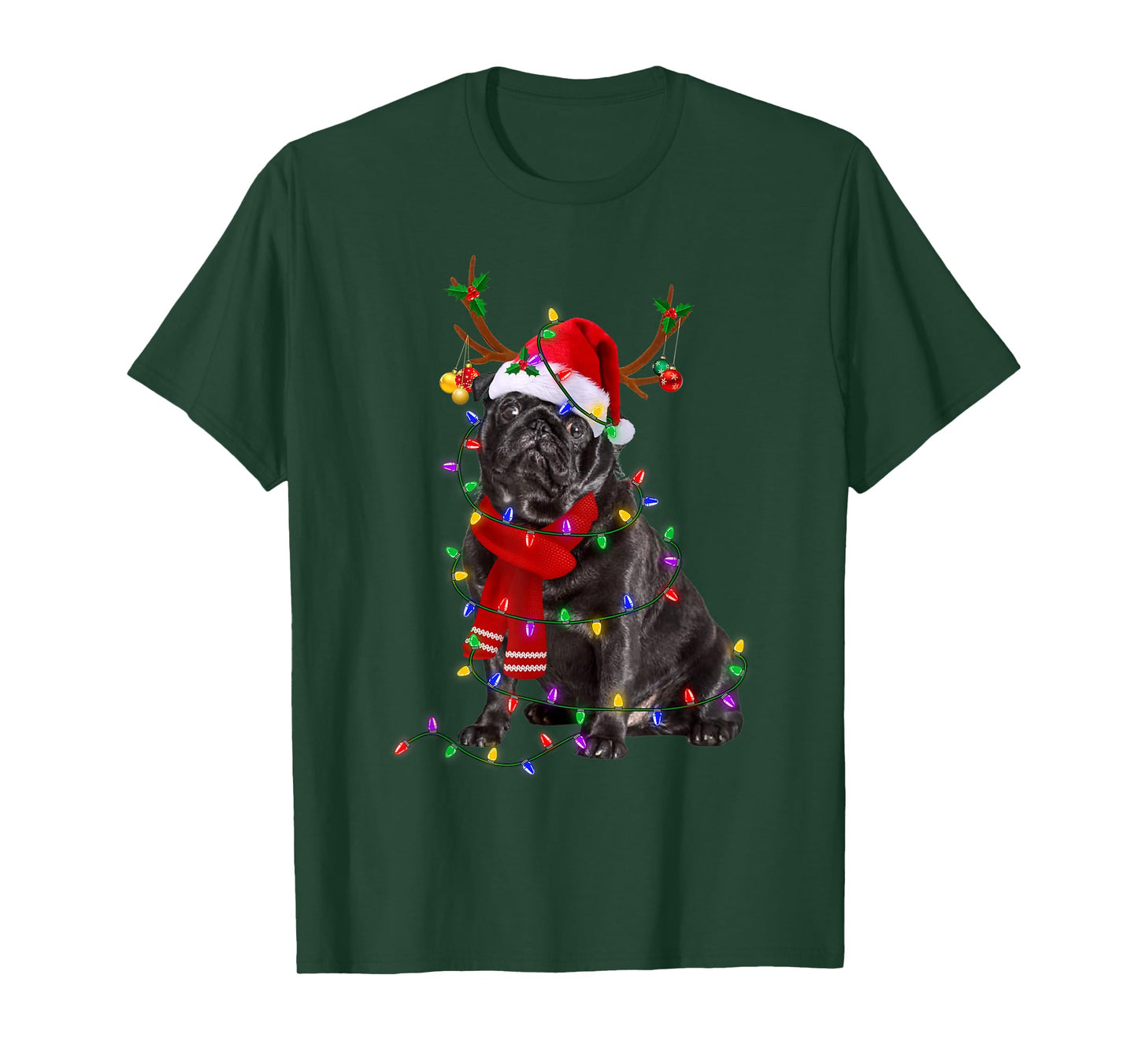 Funny Black Pug Dog Tree Christmas Lights Xmas Pajama Men Women Kids T-Shirt