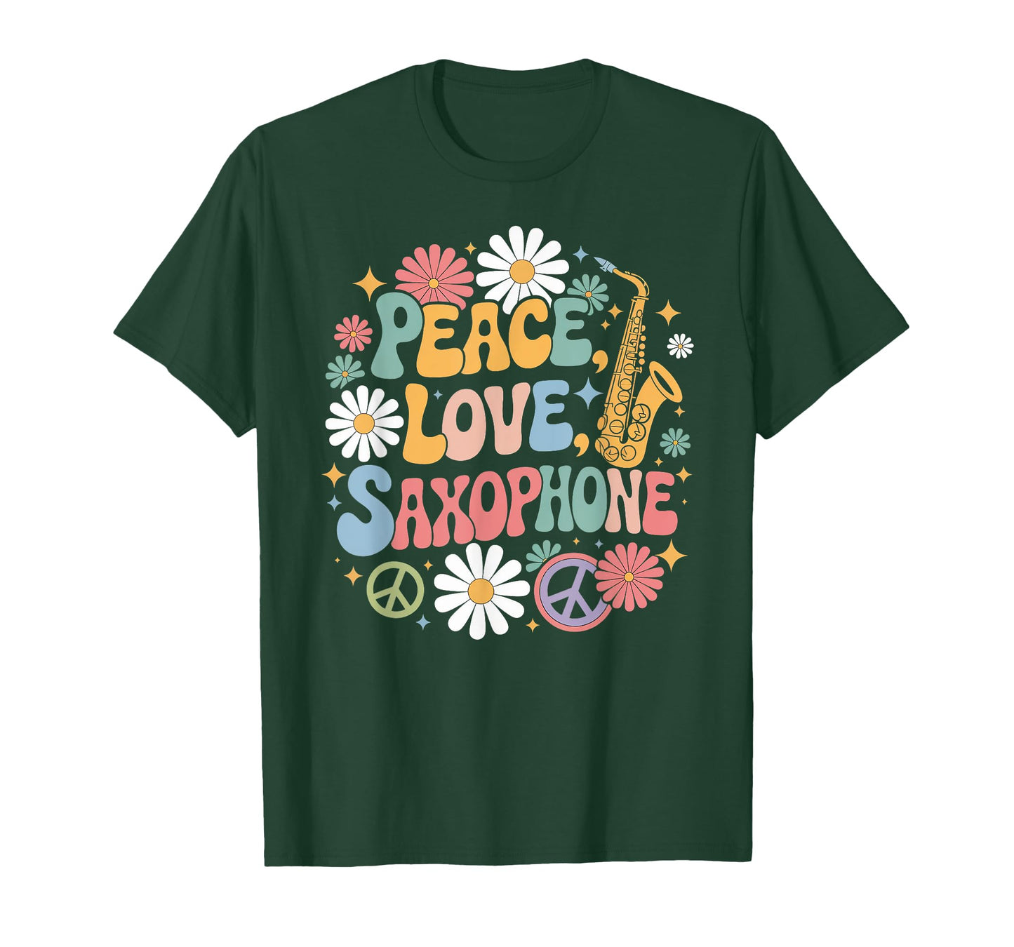 60s 70s Hippie Retro Saxophonist Peace Love Saxophone T-Shirt