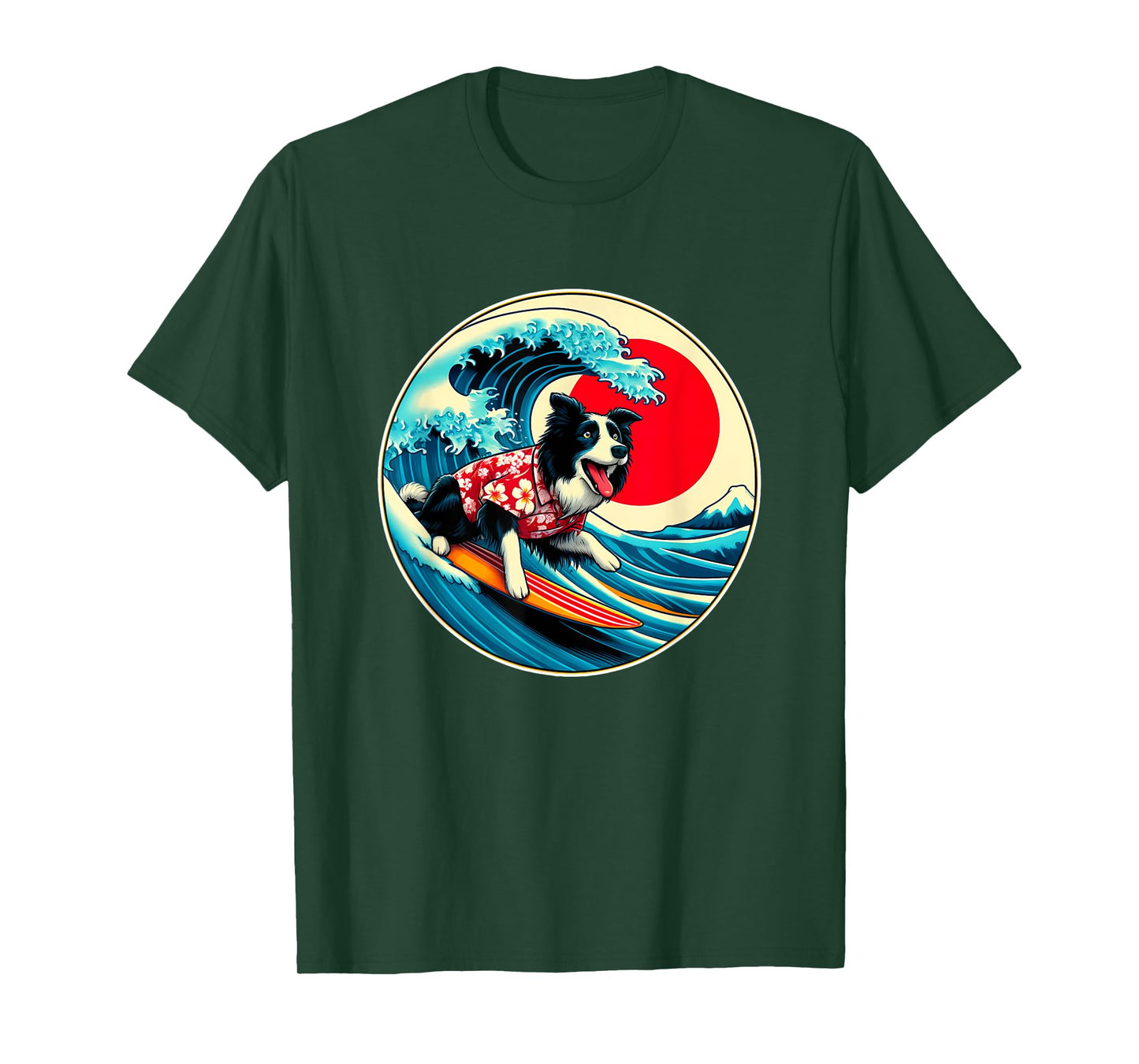 Great Wave Kanagawa Border Collie dog Surfing T-Shirt for Men Women Kids