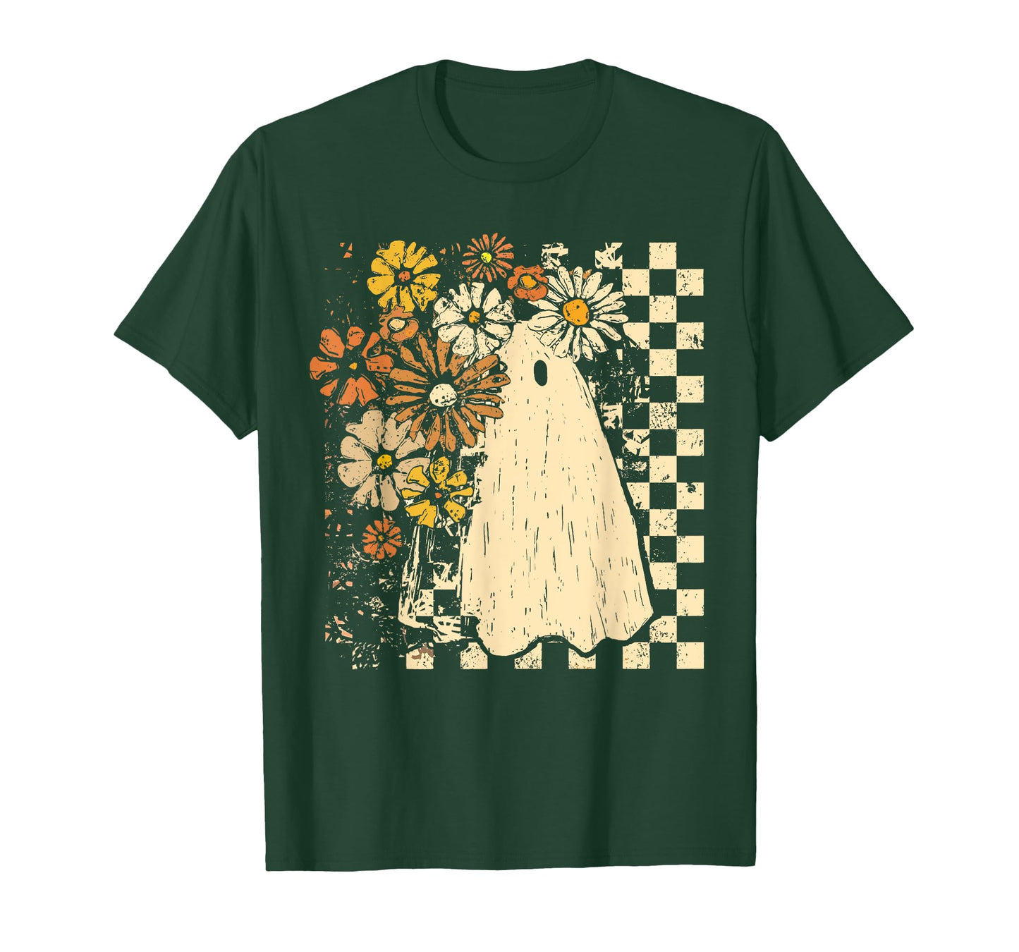 Checkered Floral Ghost Halloween Boys Girl Halloween Costume T-Shirt