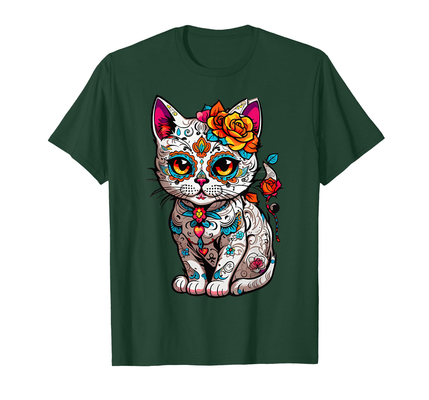 Sugar Skull Cat Floral Dia De Los Muertos Mexican T-Shirt