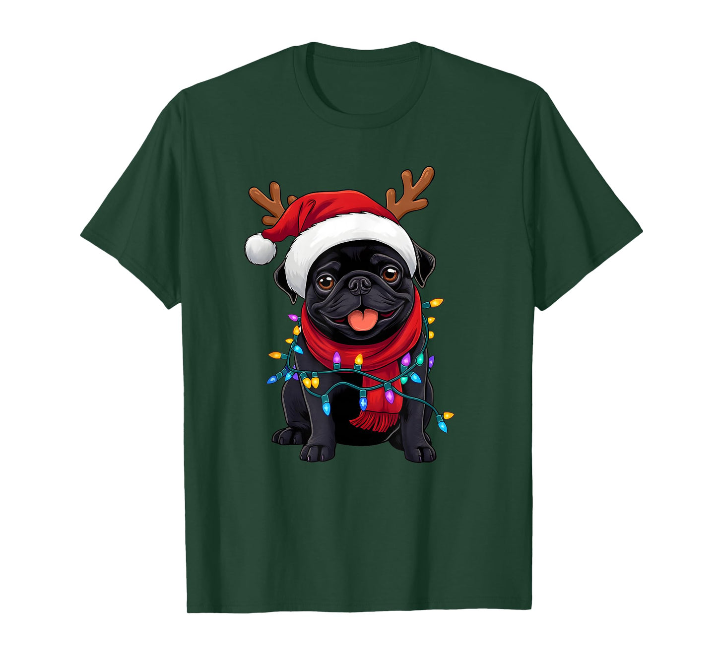 Black Pug Dog Tree Christmas Lights Xmas Pajama Men Women T-Shirt