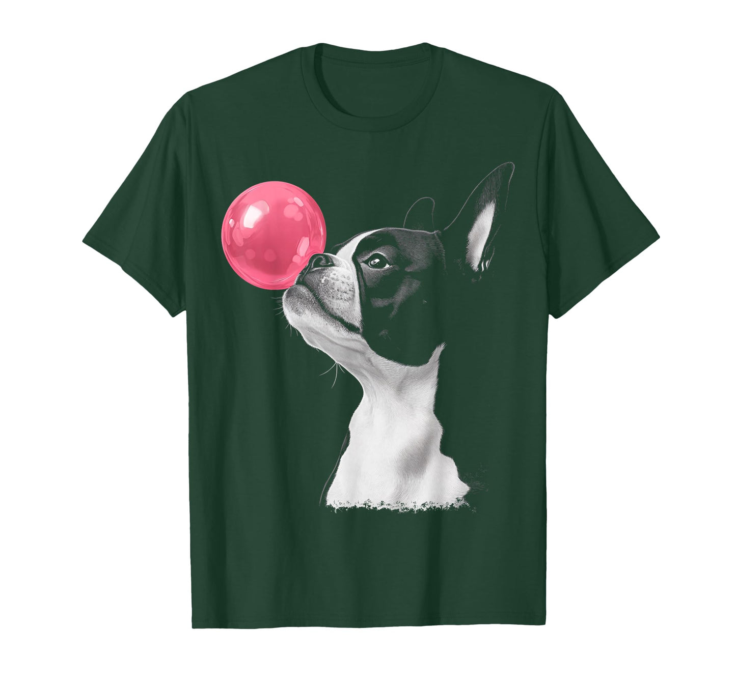 Boston Terrier Dog Blowing Chewing Bubble Gum Pink T-Shirt