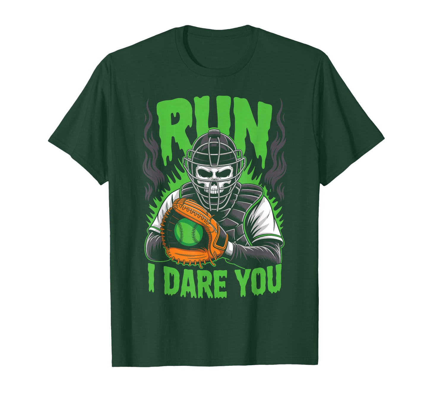 Run I Dare You Scary Baseball Catcher Creepy Skull T-Shirt