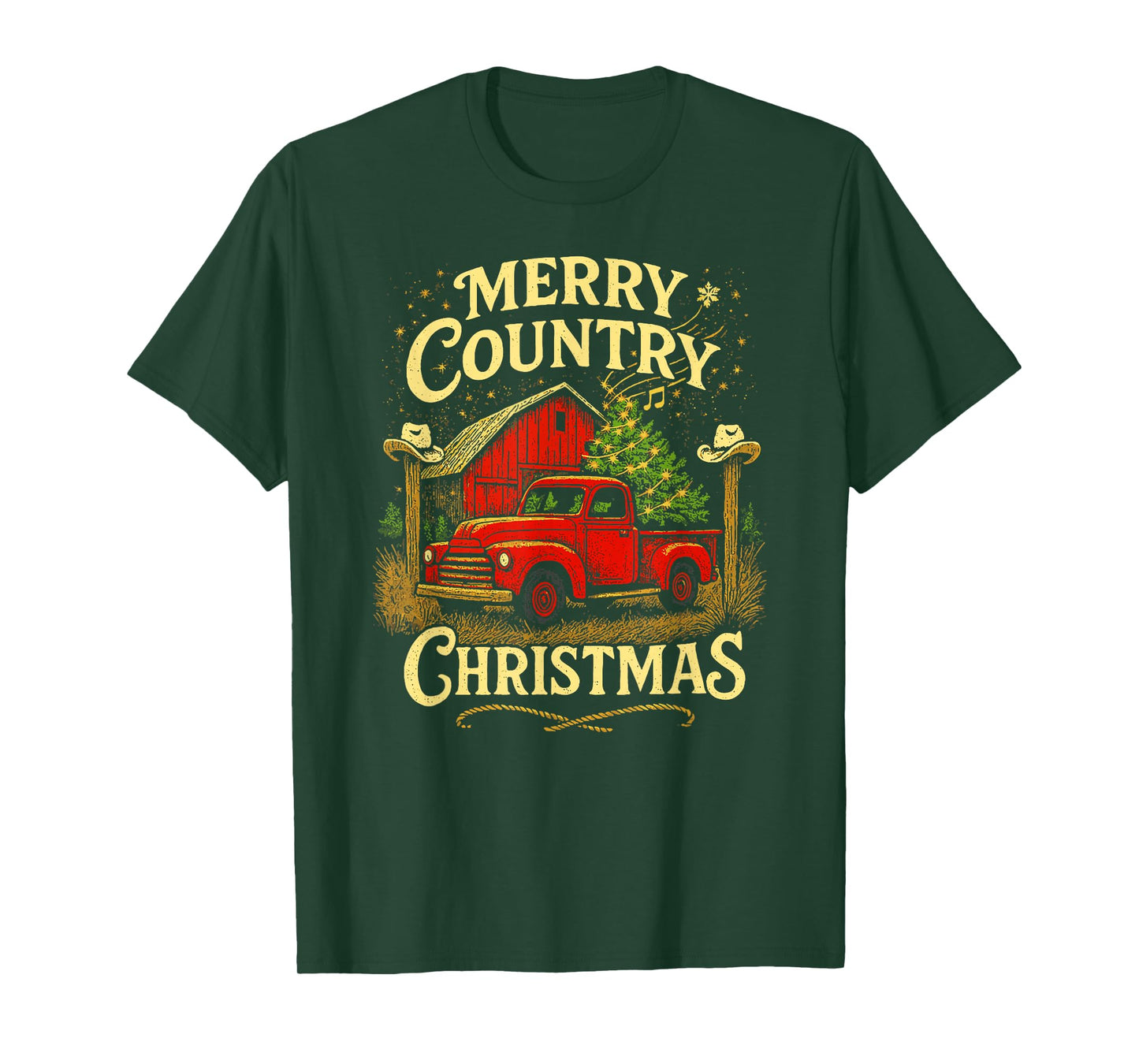 Merry Country Christmas Vintage Truck and Barn Holiday Scene T-Shirt