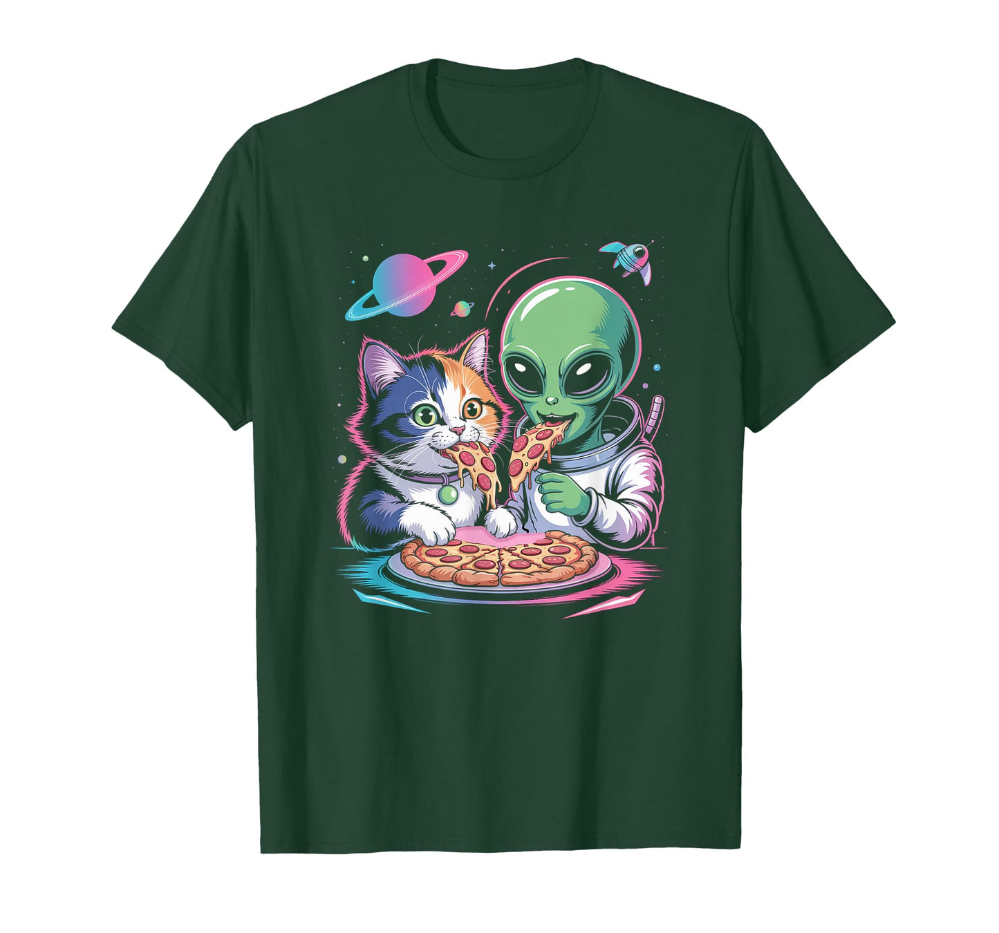 Funny Cat and Alien Sharing Pizza Space UFO for Men Women T-Shirt