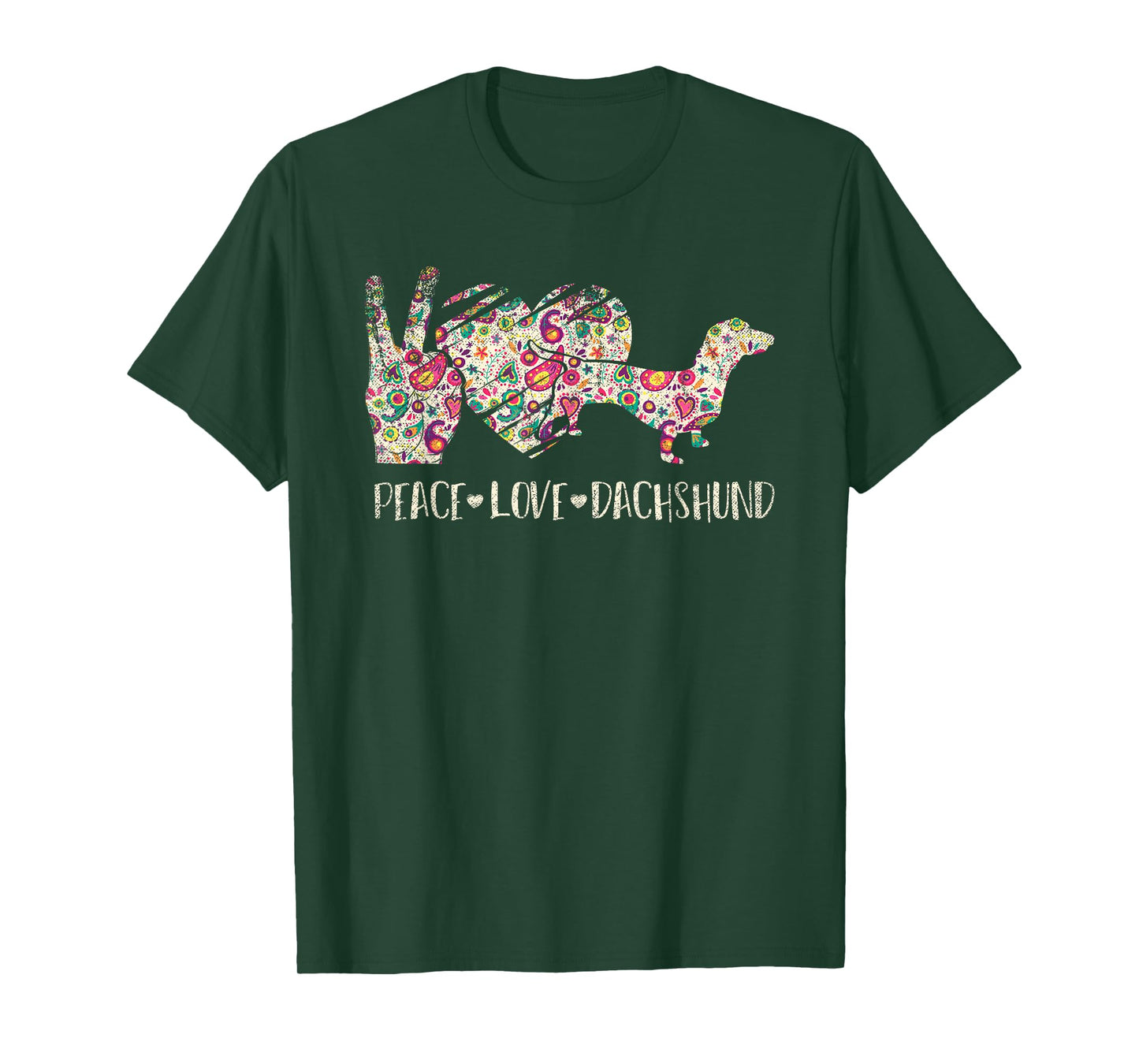 Hippie Dog Lover Gift Wiener Animal Peace Love Dachshund Men Women Kids T-Shirt