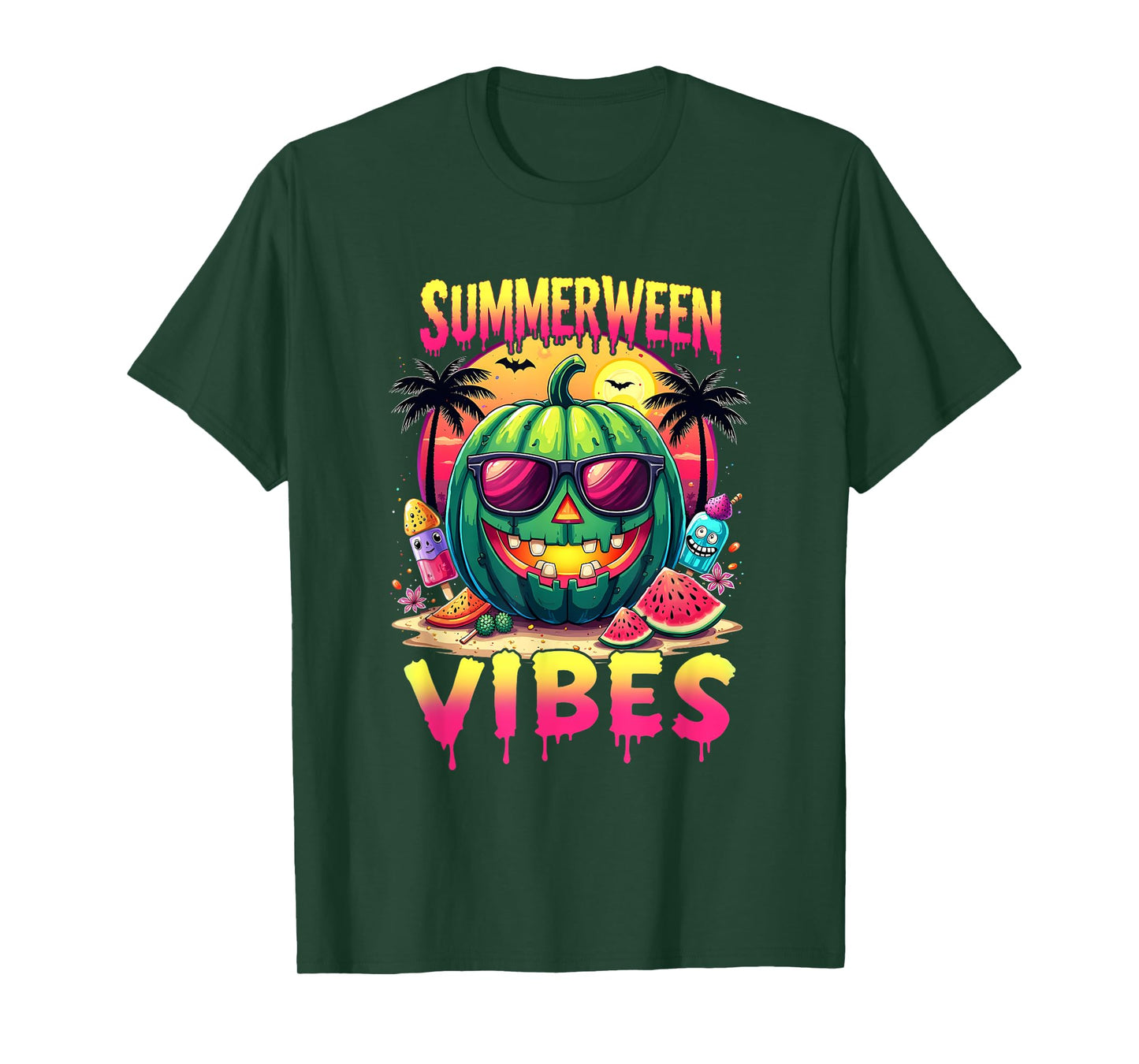 Skeleton Summer Summerween Vibes Watermelon Jack-O-Lantern T-Shirt