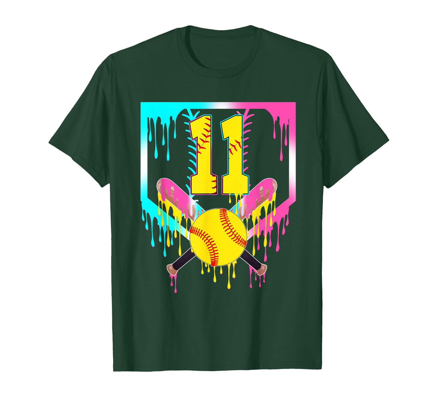 11th Bday Softball Home Plate Drip Ice Cream 11 Year Old T-Shirt
