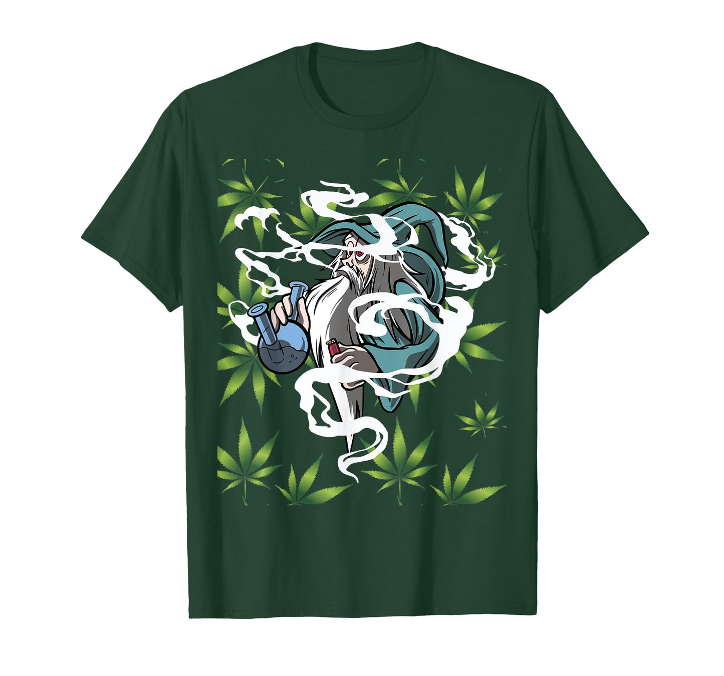 Marijuana Bong with Weed Leaf Design Wizard Smoking T-Shirt