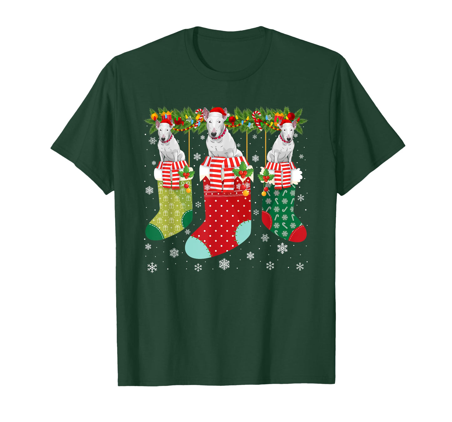 Three Bull Terrier Dog in Socks Ugly Christmas Sweater Party Men Women Kids T-Shirt