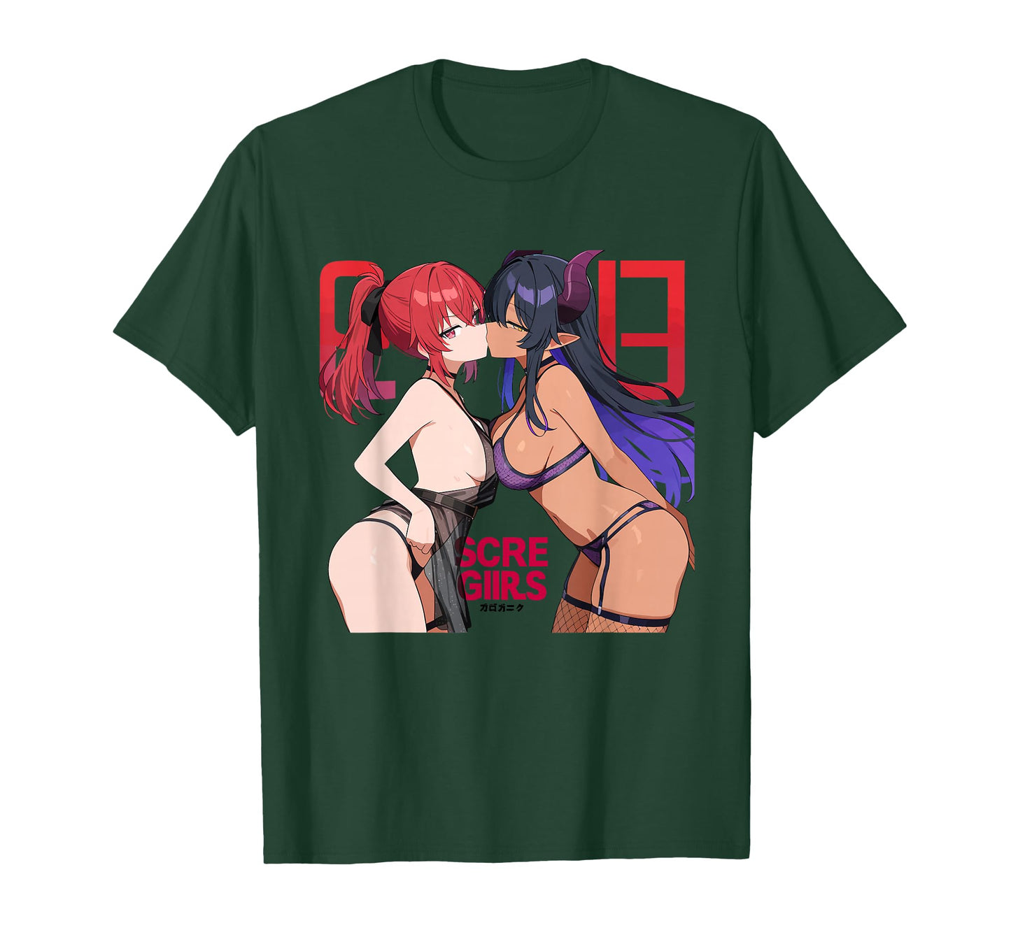 Waifu Sexy Anime Kissing Girls Horns Japanese Manga Style T-Shirt
