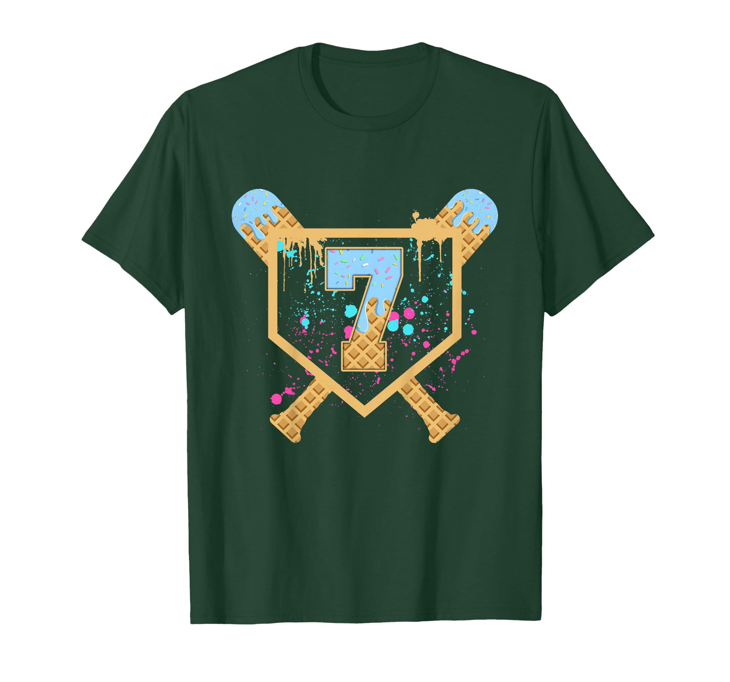 Kids Baseball 7 Year Old Ice Cream Drip 7th Birthday Boy Number 7 T-Shirt