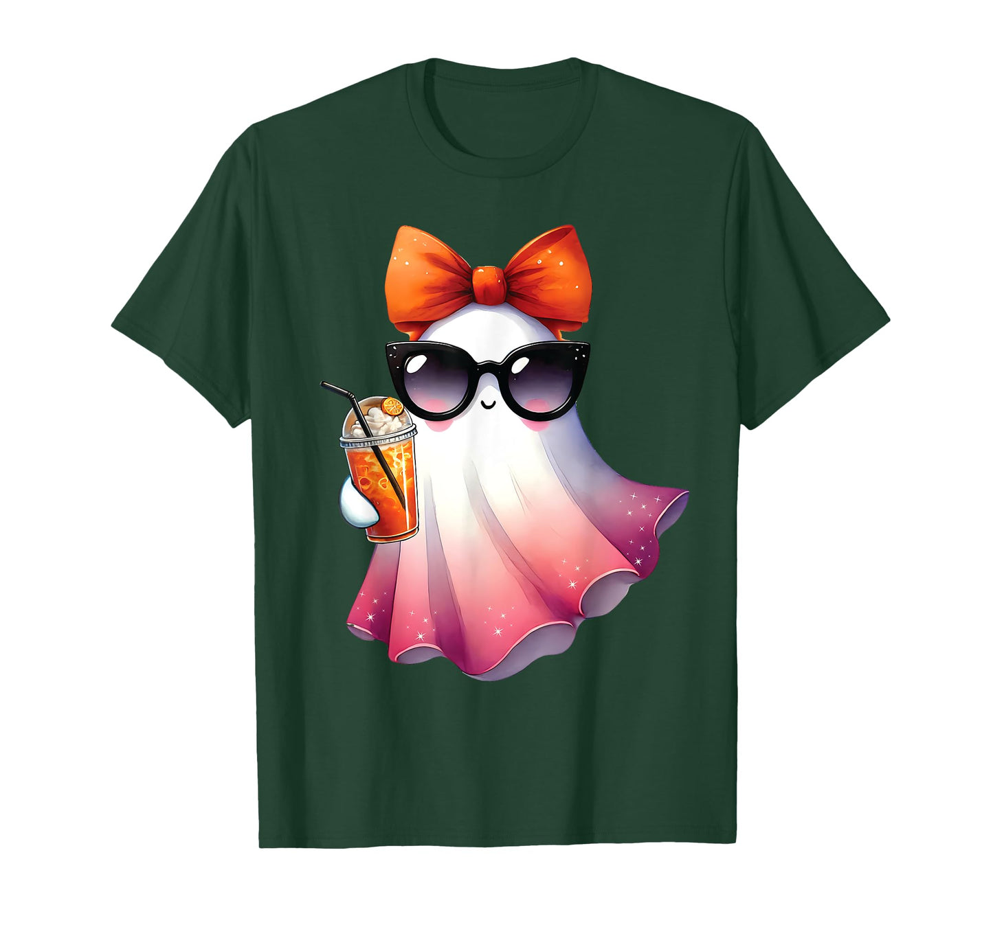 Cute Ghost Drinking Coffee With Halloween Bow Womens Girls T-Shirt