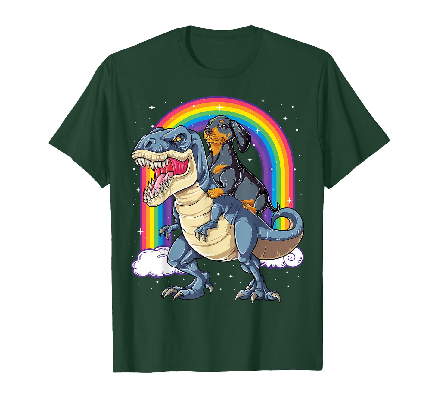 Dachshund Riding Dinosaur T-rex Gifts Boys Kids Men Rainbow T-Shirt