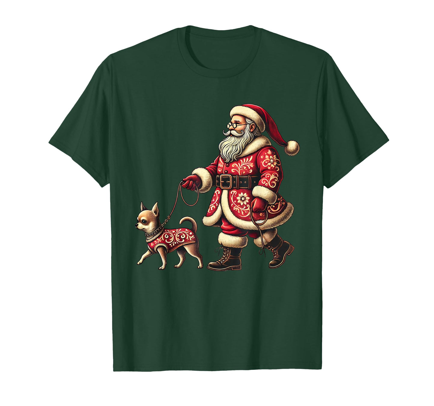 Santa Walking Chihuahua Christmas Dog Lover Xmas Men Women T-Shirt