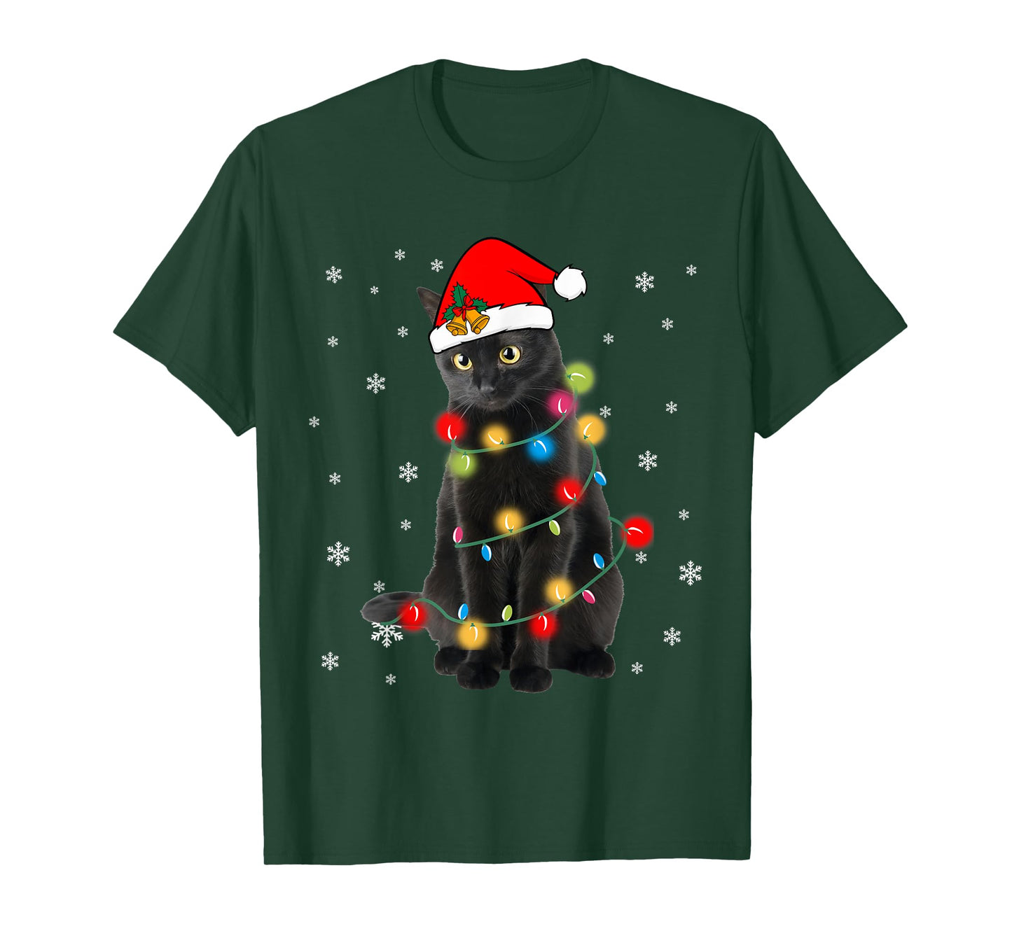 Black Cat Christmas Light Shirt for Cat Lover Funny Xmas Men Women Kids T-Shirt