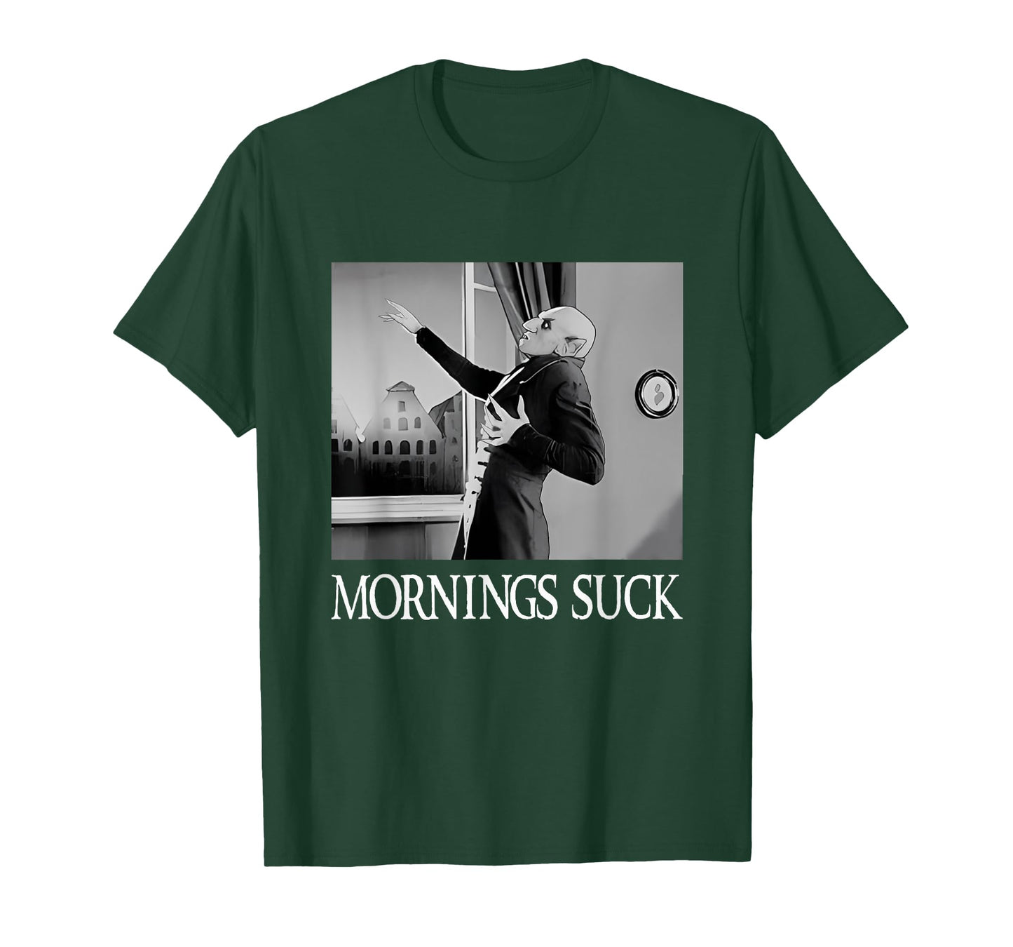 Mornings Suck Funny Halloween Vampire Pun Graphic T-Shirt