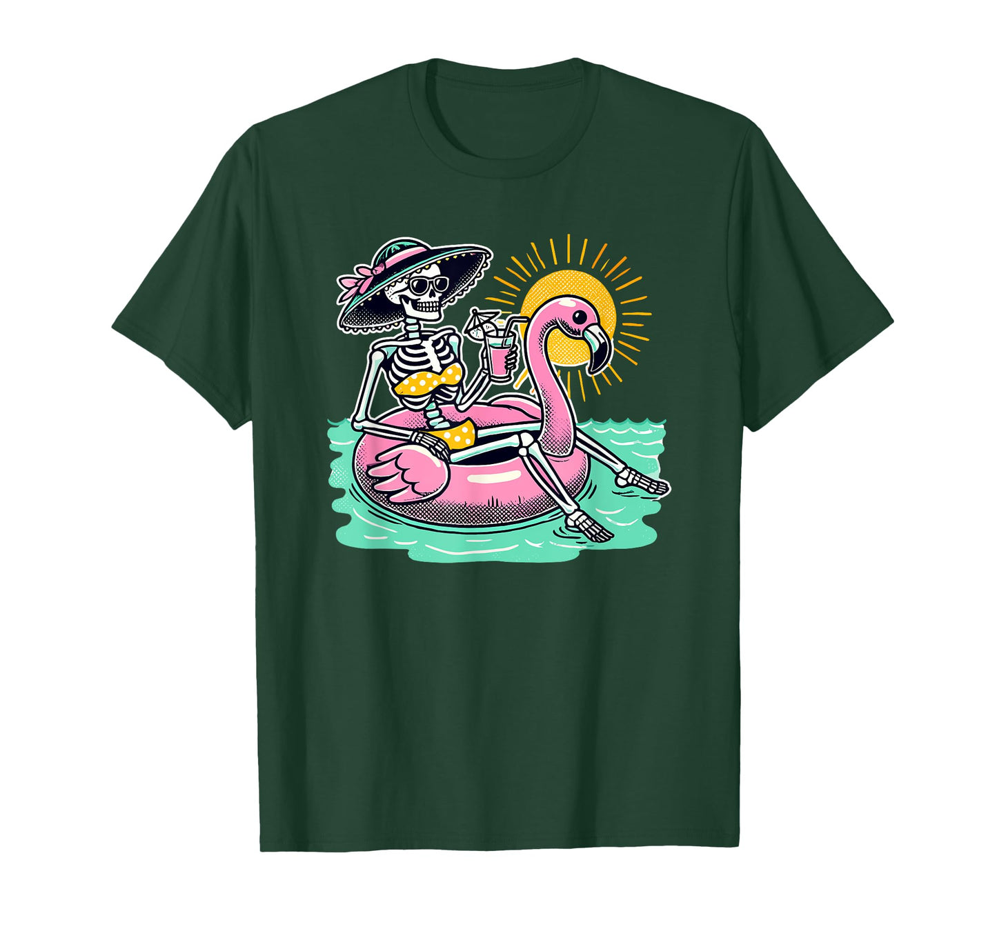 Retro Summer Skeleton Flamingo Float Vacation Beach Drink Men Women T-Shirt