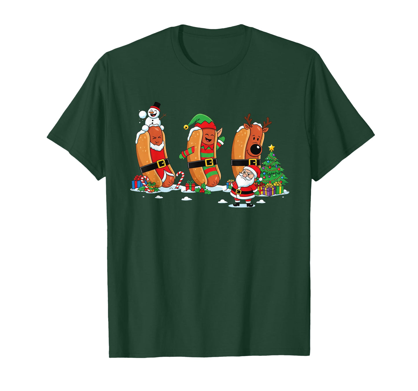 Funny Hotdog Santa Elf Snowman Christmas Kids Womens Mens T-Shirt