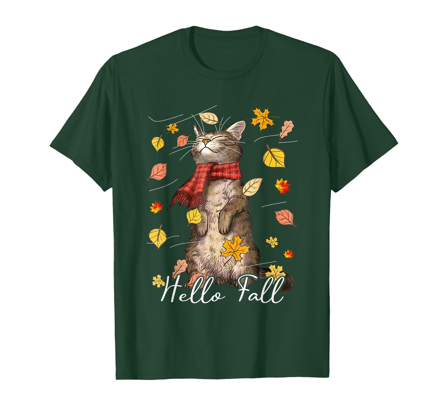 Hello Fall Cat Shirt Cat Autumn Leaves Kitten Lover Men Women Kids T-Shirt