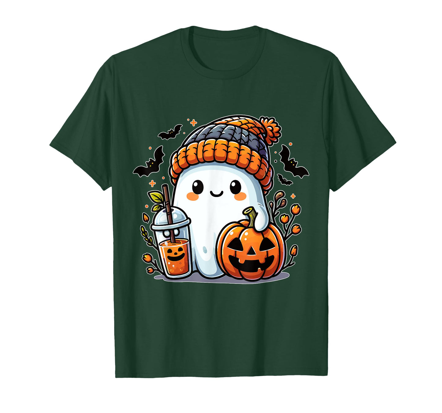 Cute Ghost with Beanie Pumpkin and Coffee T-Shirt