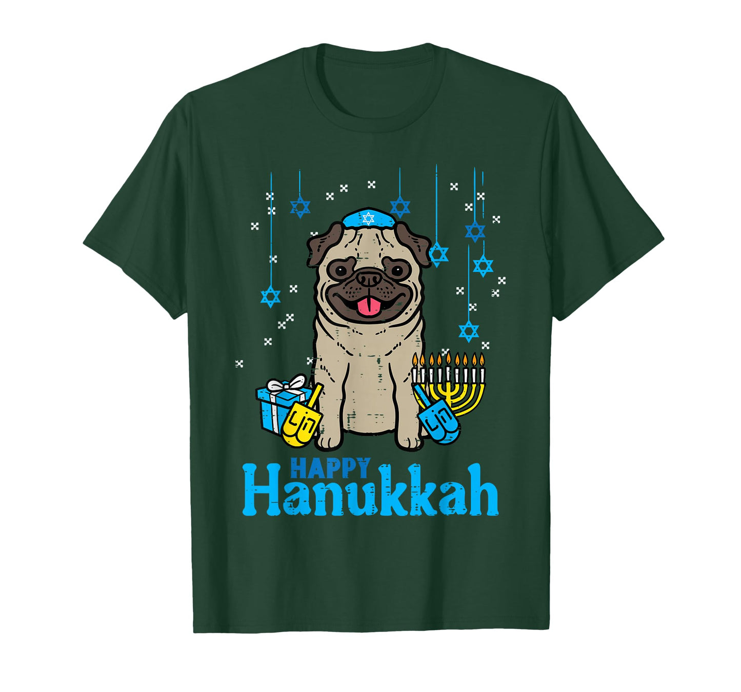 Happy Hanukkah Dog Pug Cute Chanukah Jewish Men Women Kids T-Shirt