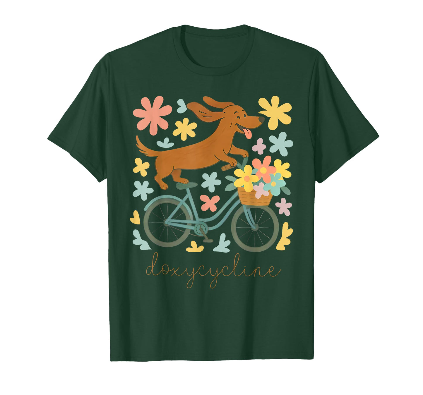 Doxycycline Pharmacy Pun Funny Dachshund on Bicycle Flower T-Shirt