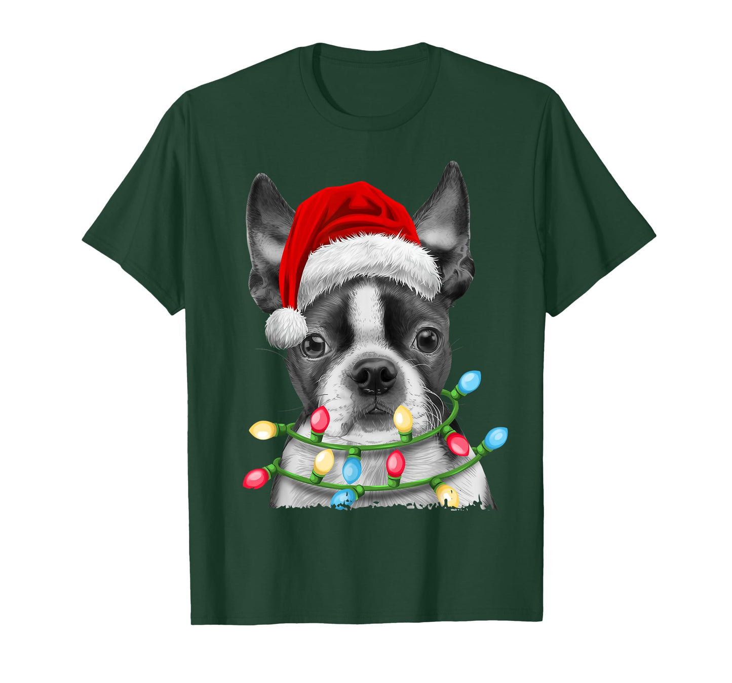 Boston Terrier Santa Christmas Tree Lights Xmas Boys Men Dog T-Shirt