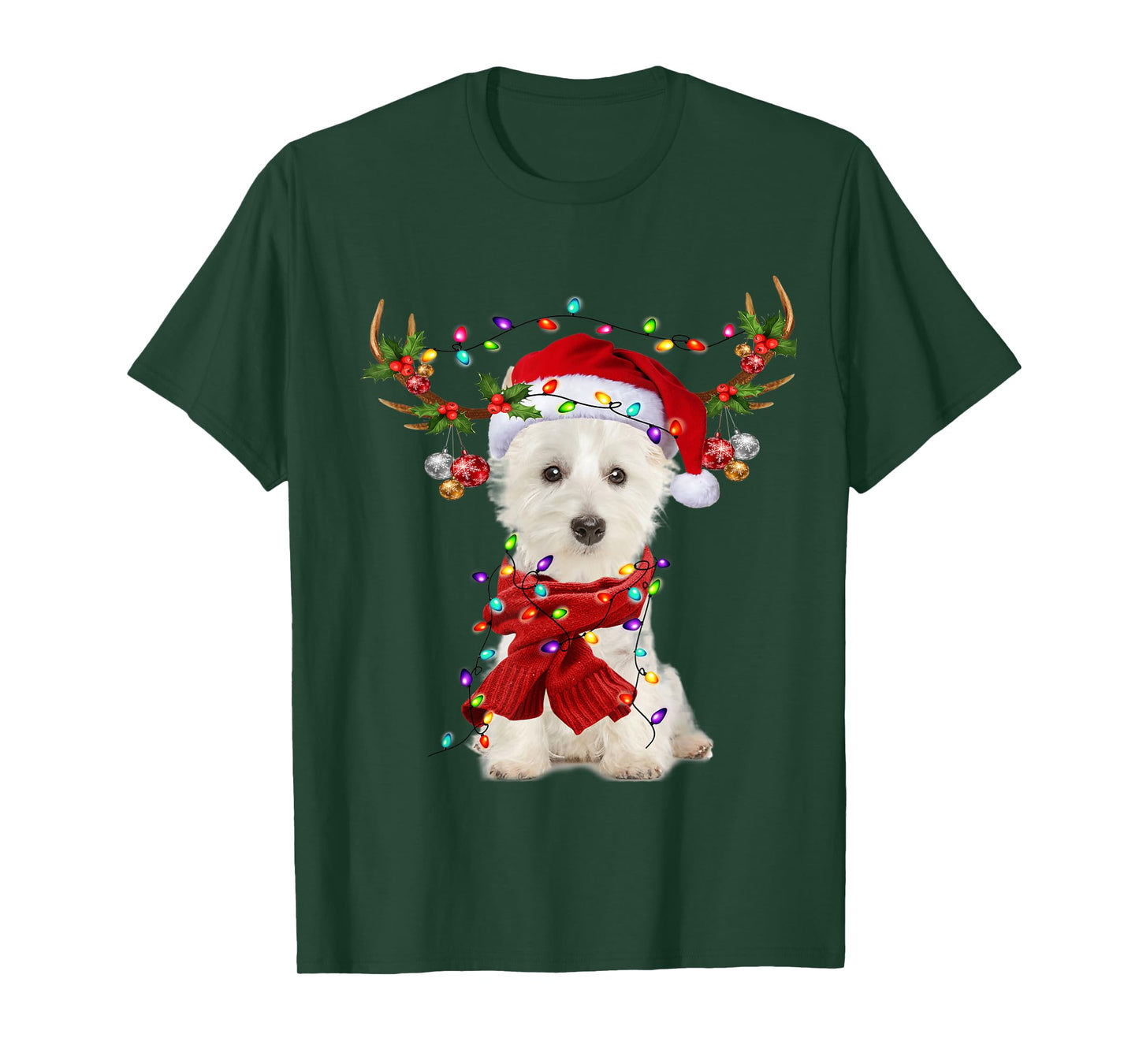 Santa Westie Dog Reindeer Christmas Lights Men Women Kids T-Shirt