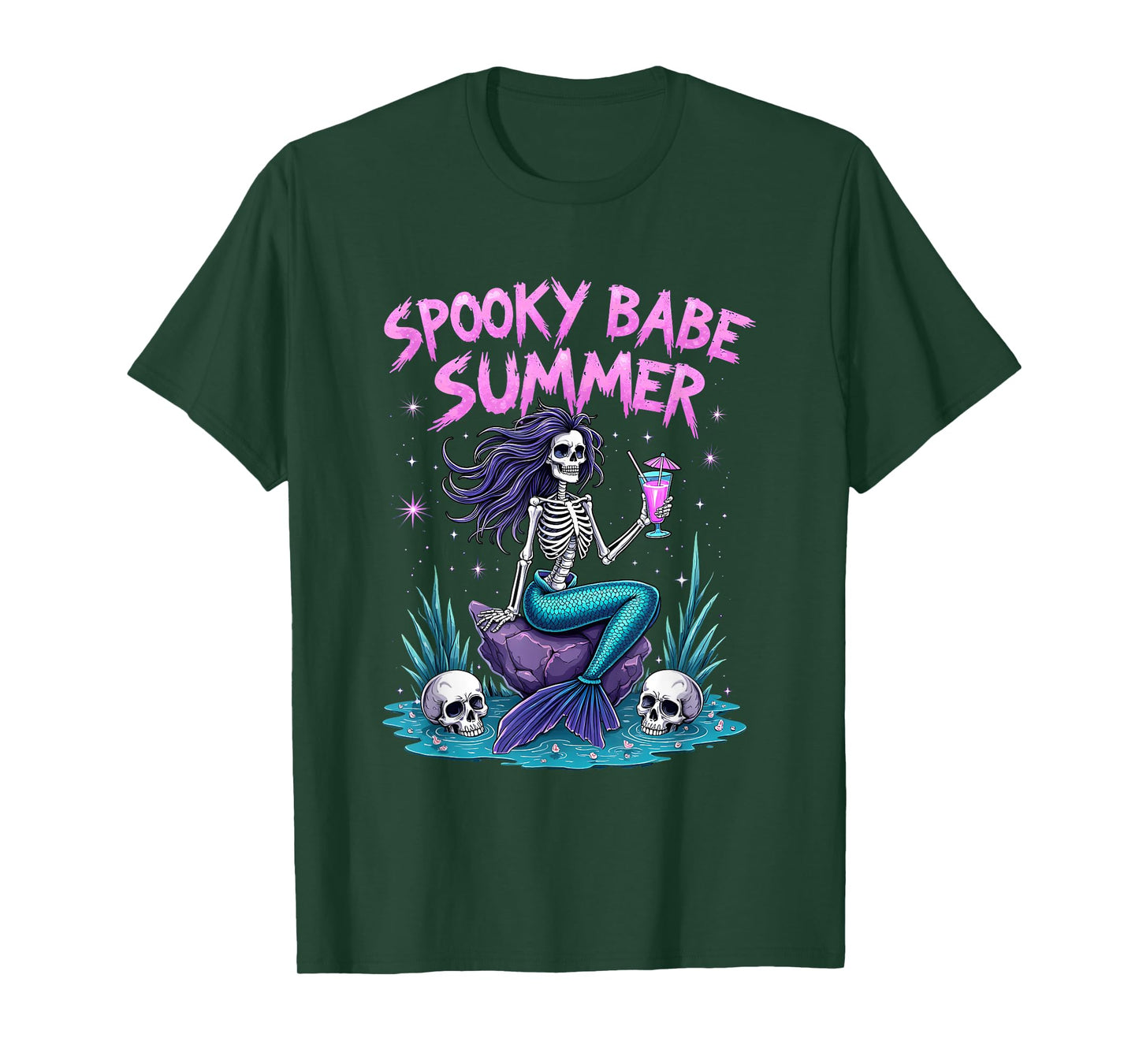 Spooky Babe Summer Gothic Mermaid Skeleton Crystal Ocean T-Shirt