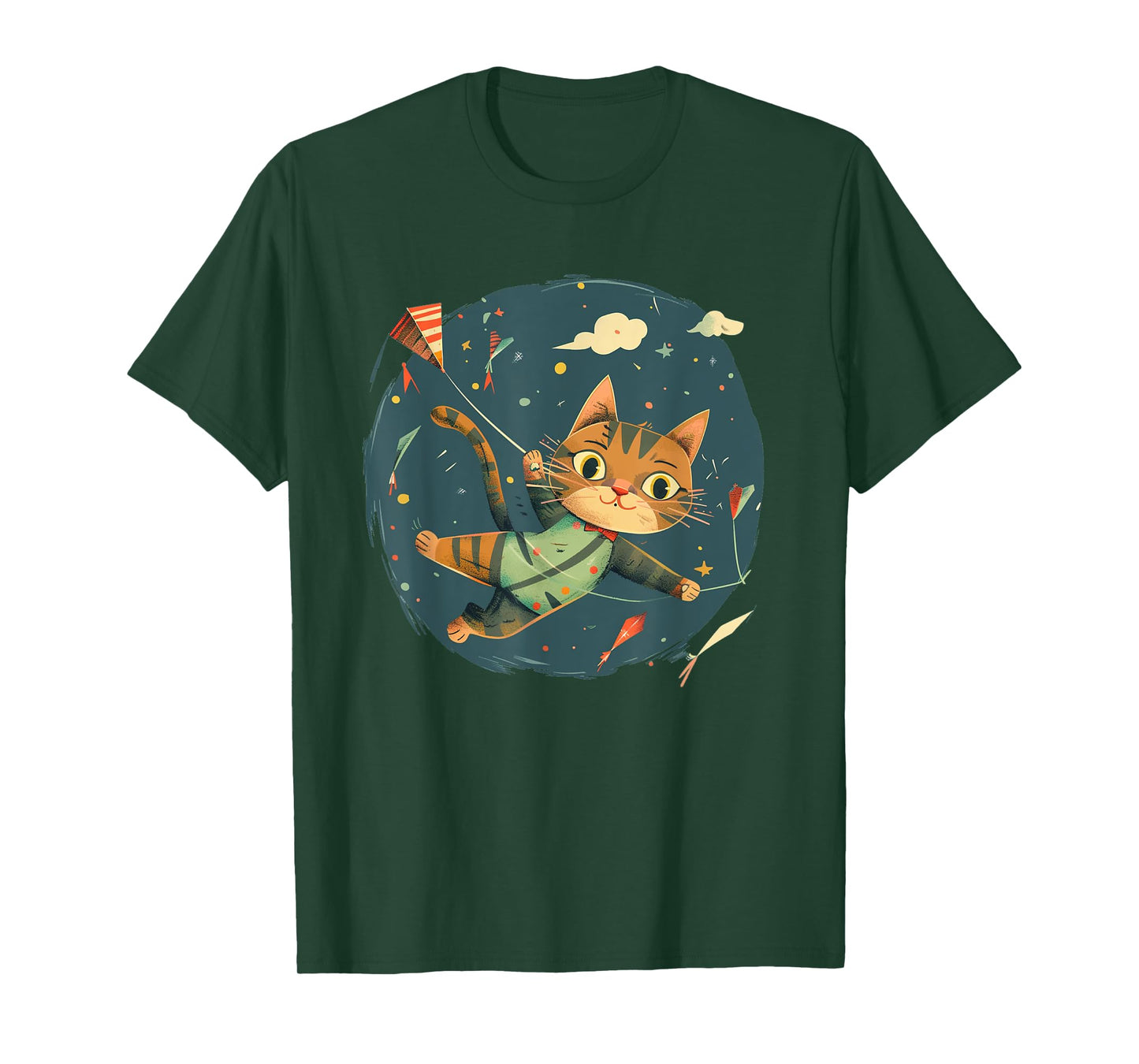 Cheerful Cat Flies Kites Emblem for a Playful Windy Touch T-Shirt