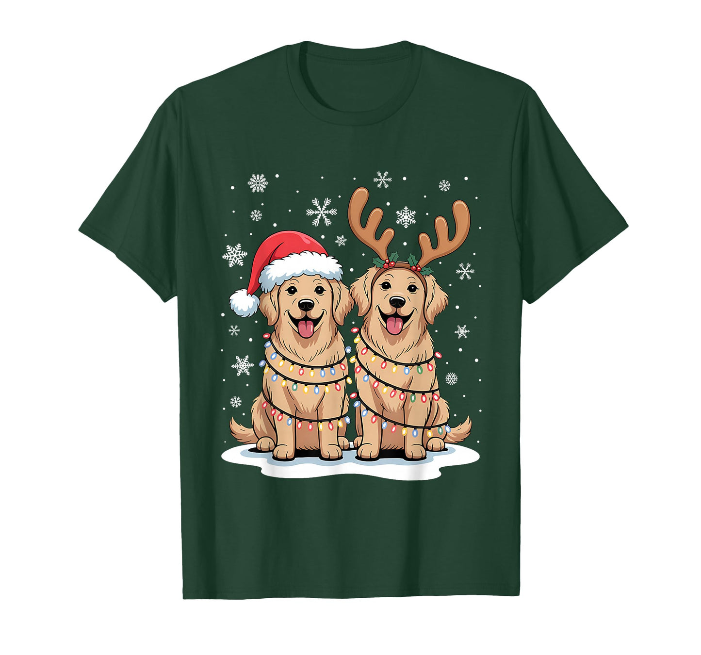 Golden Retriever Christmas Santa Hat Reindeer Lights Pajama T-Shirt