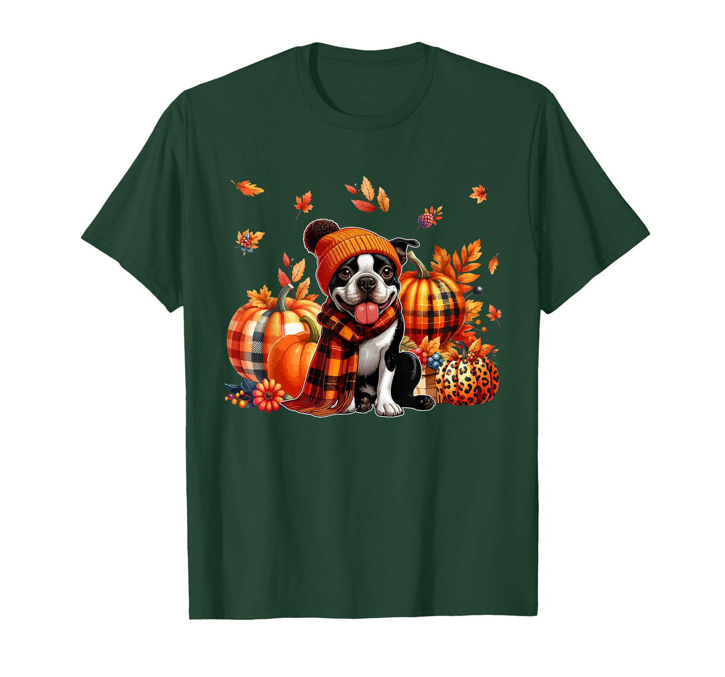 Boston Terrier Thanksgiving Leopard Pumpkins Fall Leaves T-Shirt