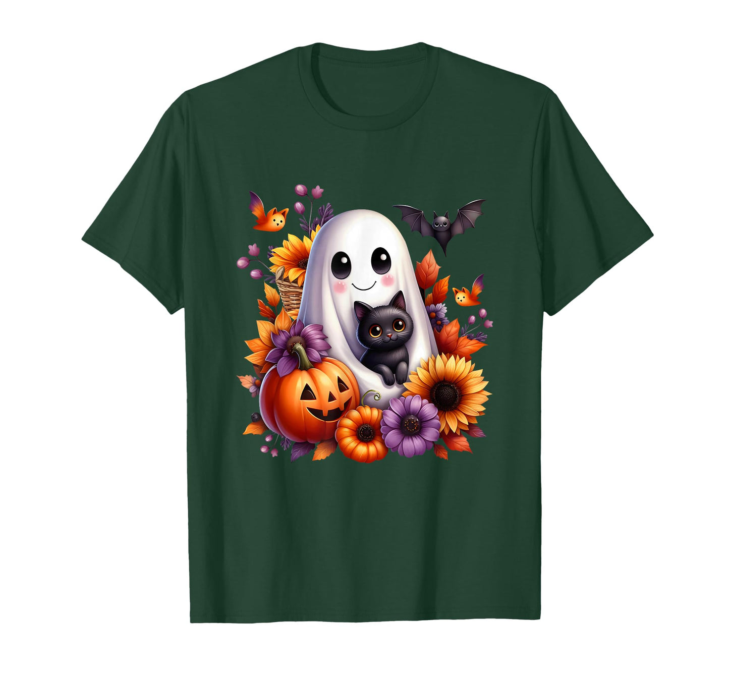 Vintage Halloween Ghost with Black Cat Pumpkin Autumn Flower T-Shirt