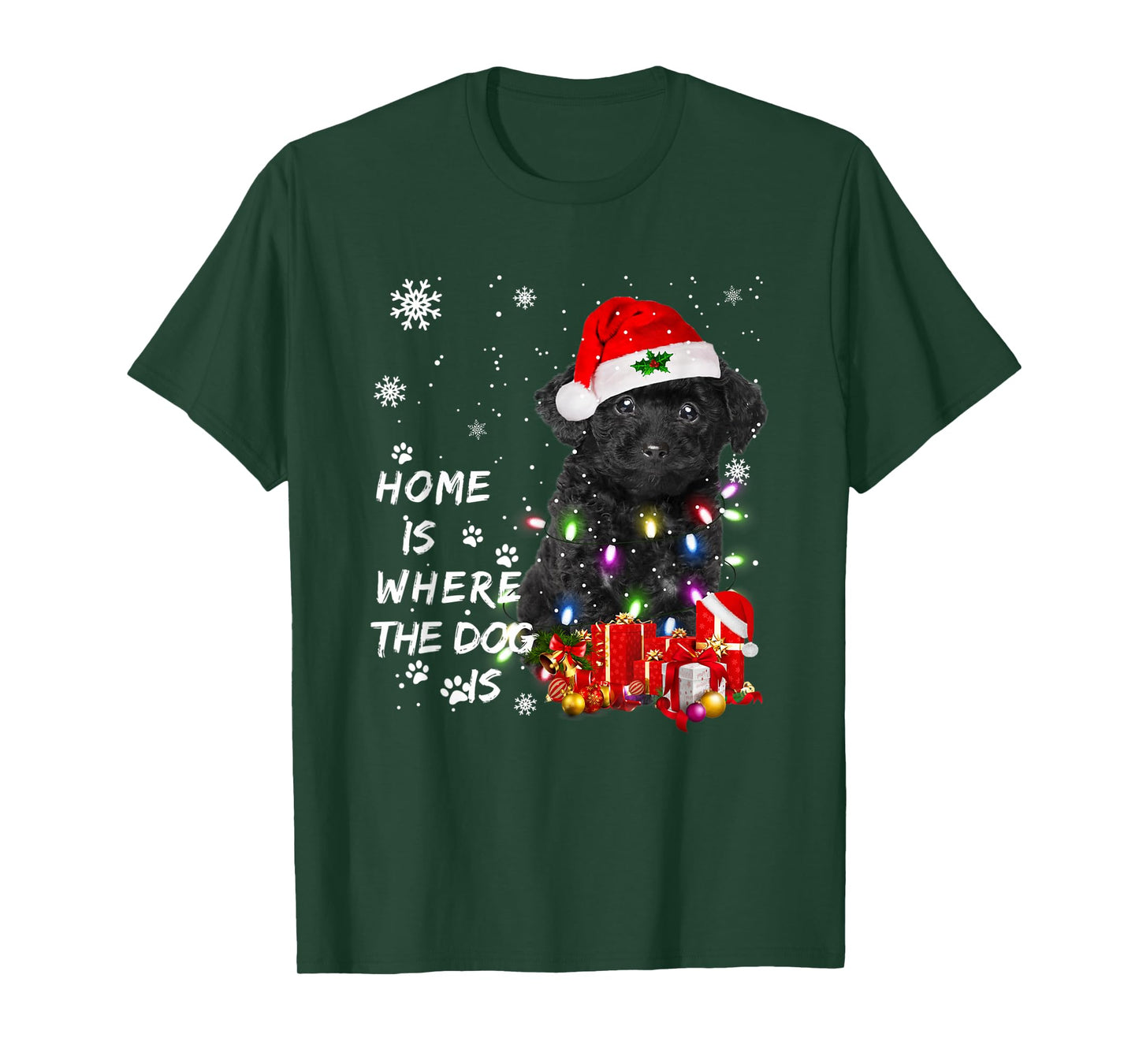 Black Poodle dog Santa Christmas Tree Lights Xmas Boys Dog T-Shirt