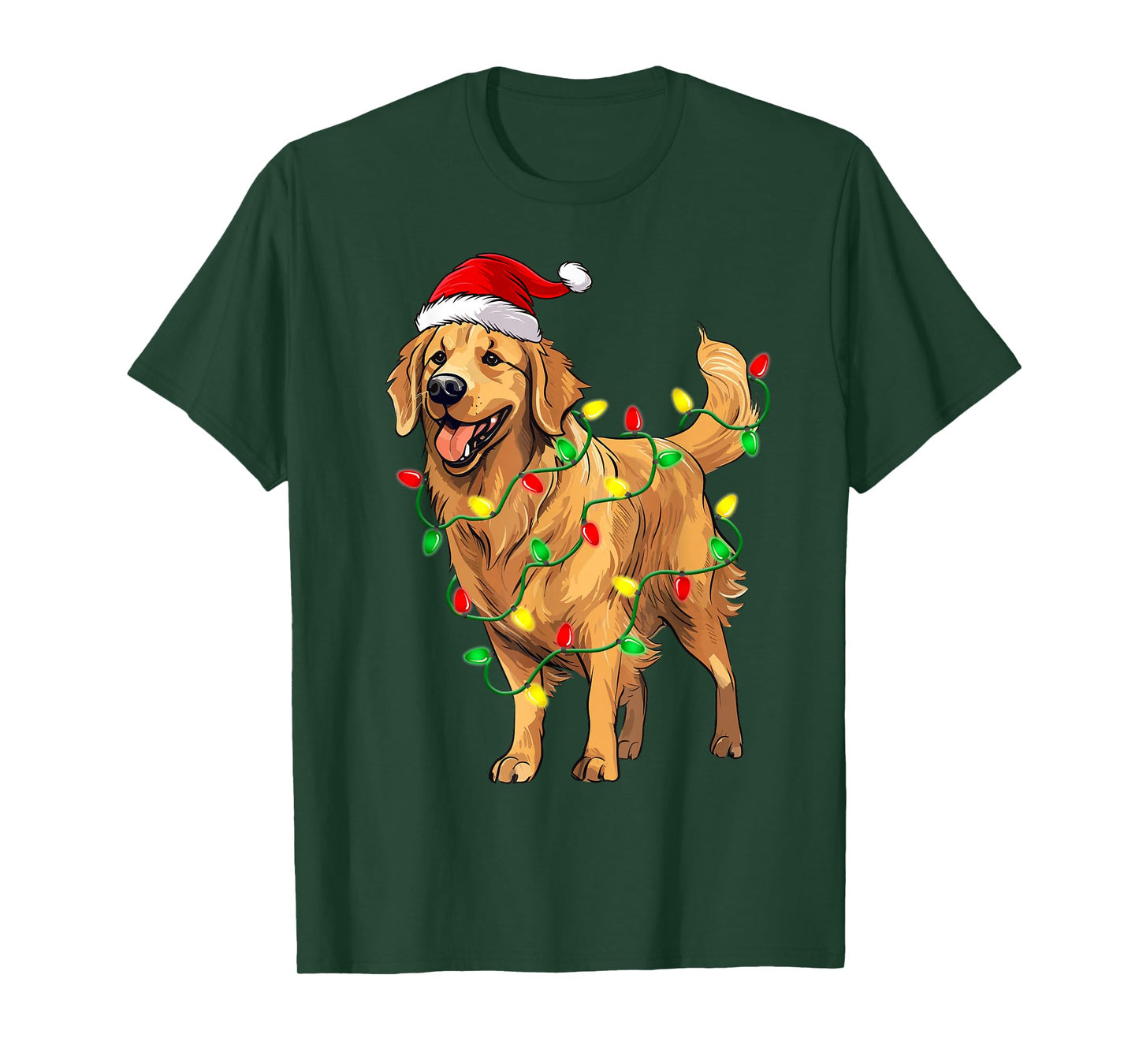 Golden Retriever Christmas Santa Hat Tree Lights Pajama T-Shirt