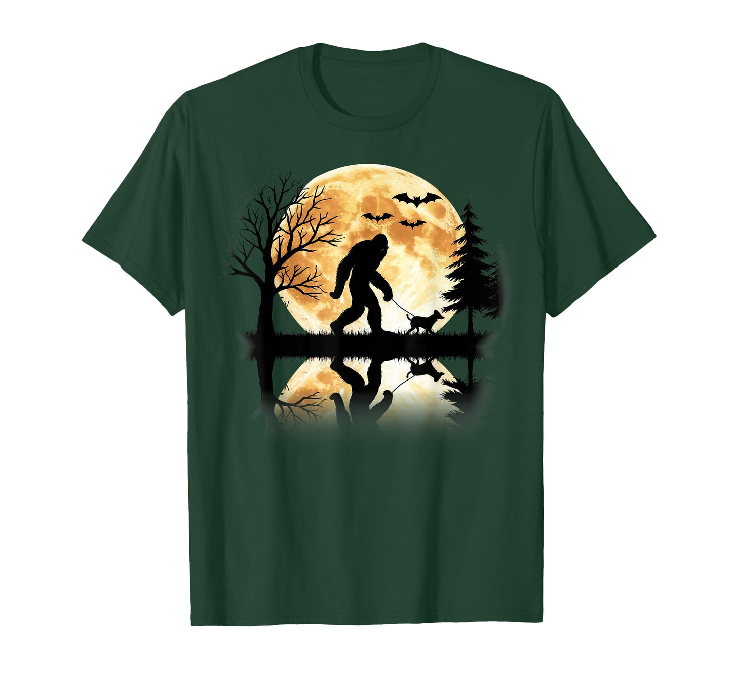 Bigfoot Walking With Dog Funny Halloween Moon T-Shirt