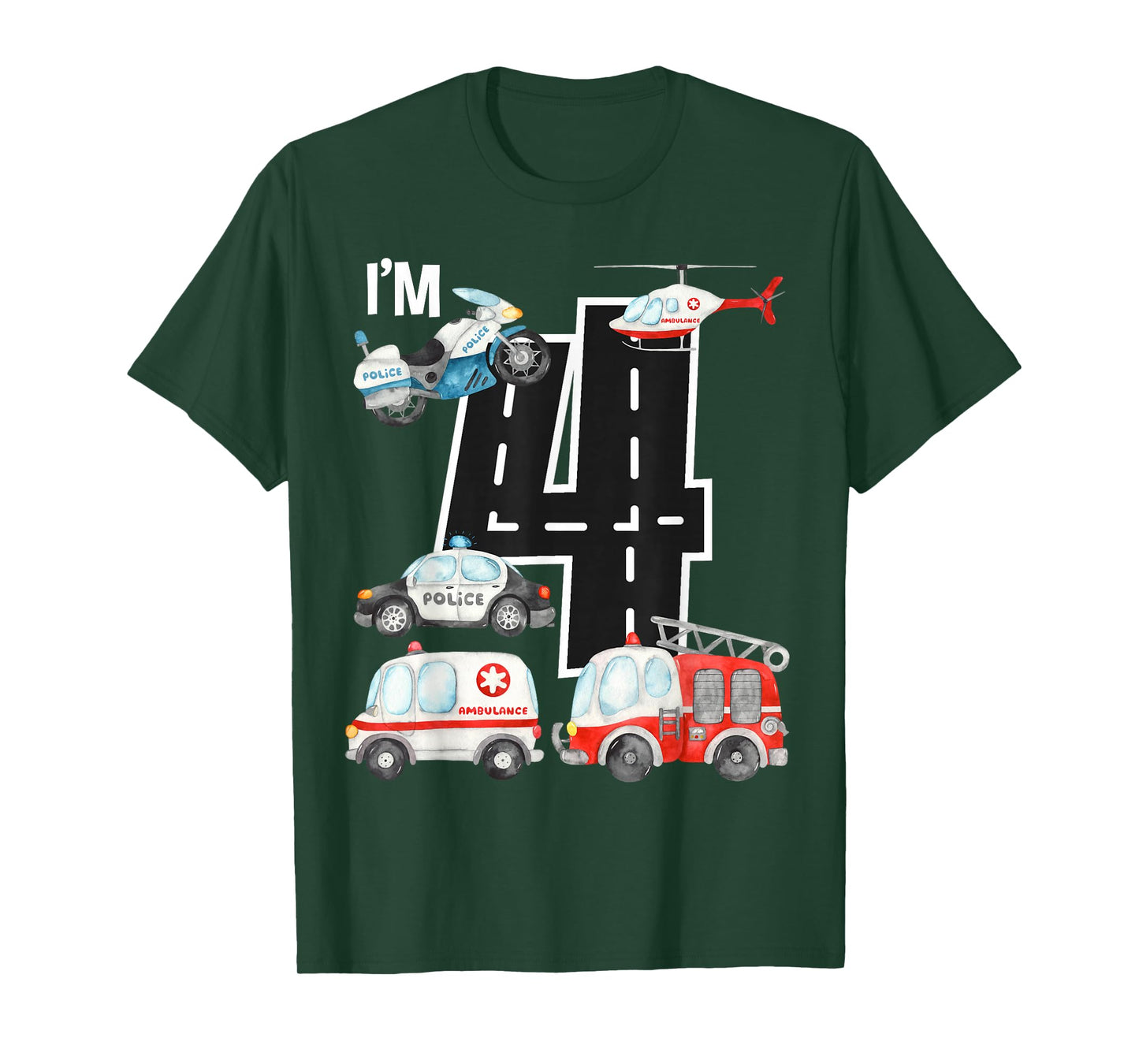 Emergency Vehicles 4th Birthday Fire Truck Police Car Boys T-Shirt