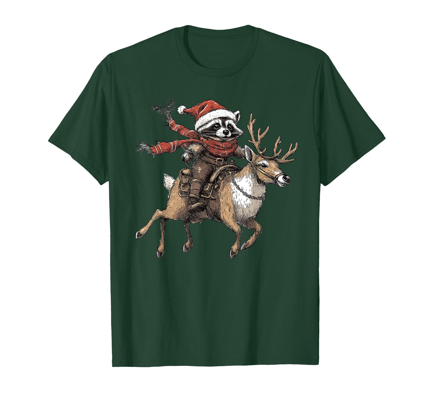 Funny Raccoon Riding Reindeer Cowboy Cowgirl Christmas T-Shirt